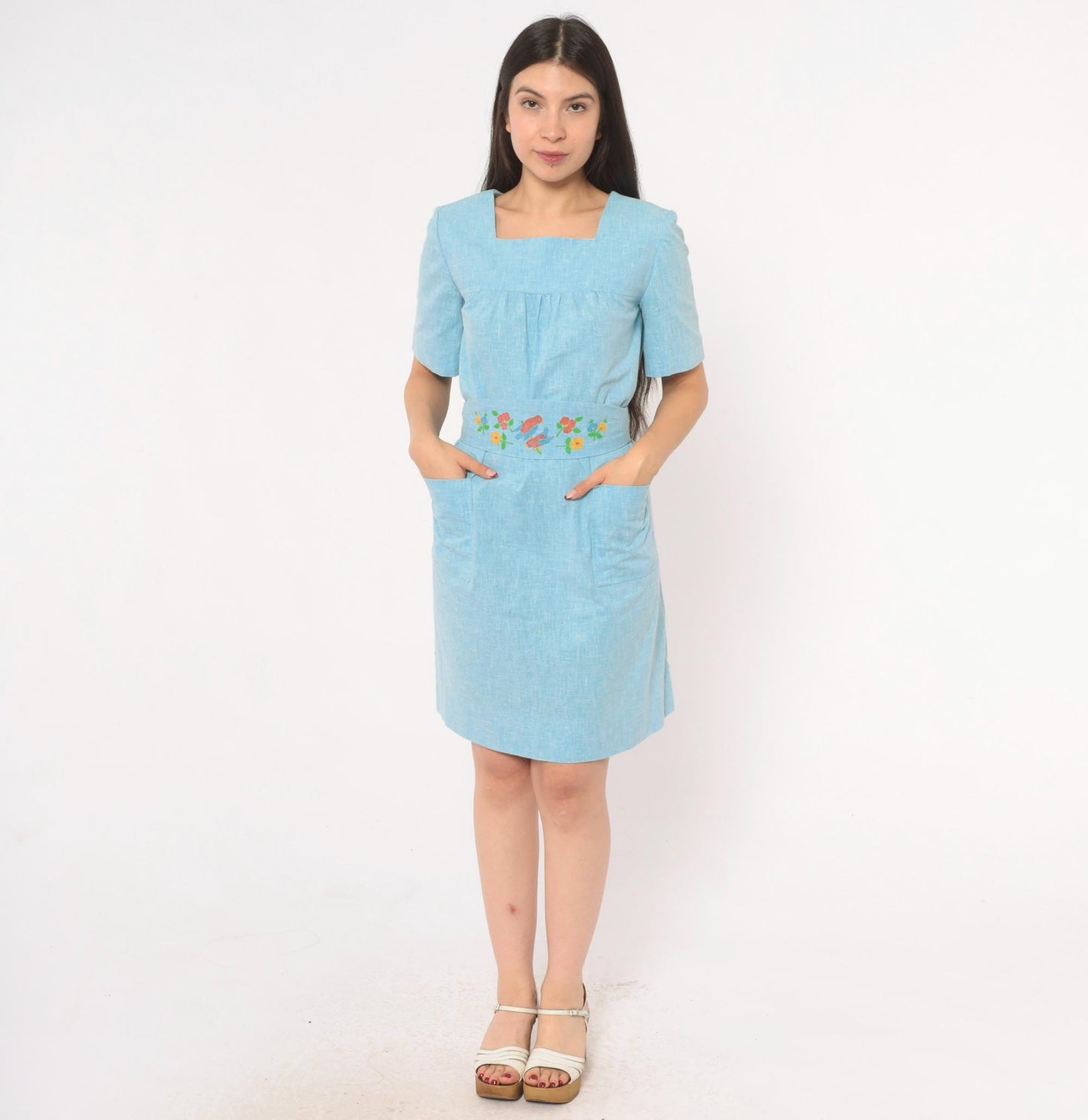 70s Sky Blue Cotton Dress Square Neck Puff Sleeve Bird Floral Print Small
