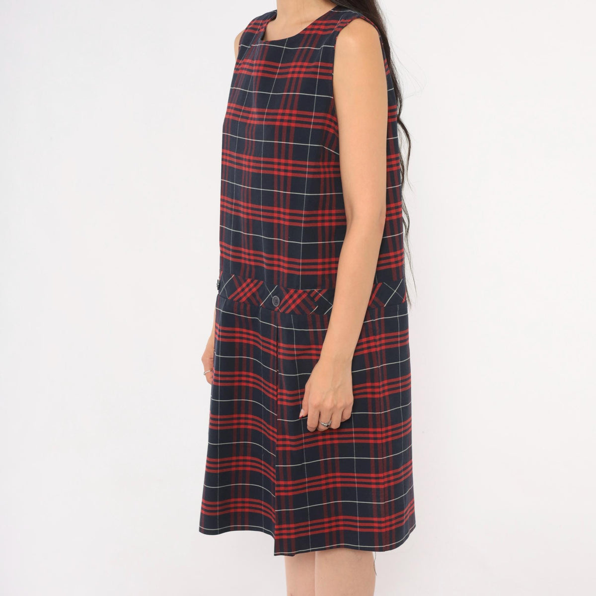 80s Fontaine Apparel Navy Red Tartan Plaid Drop Waist Dress Cotton Medium M