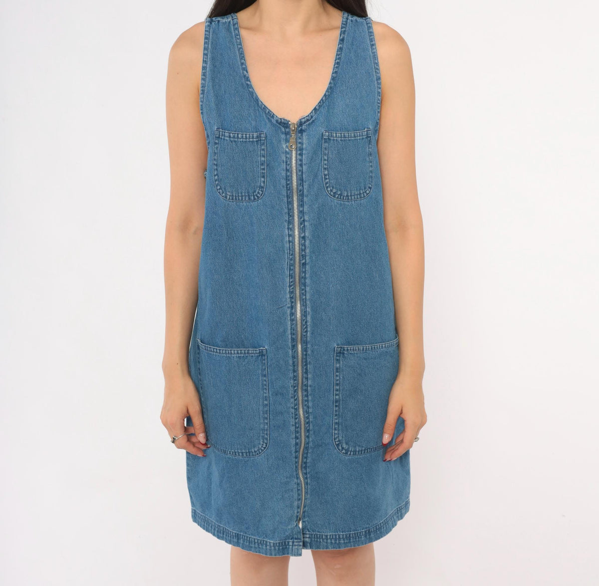 90s Premier Denim Jumper Dress Zip Front Mini Blue Cotton Medium M