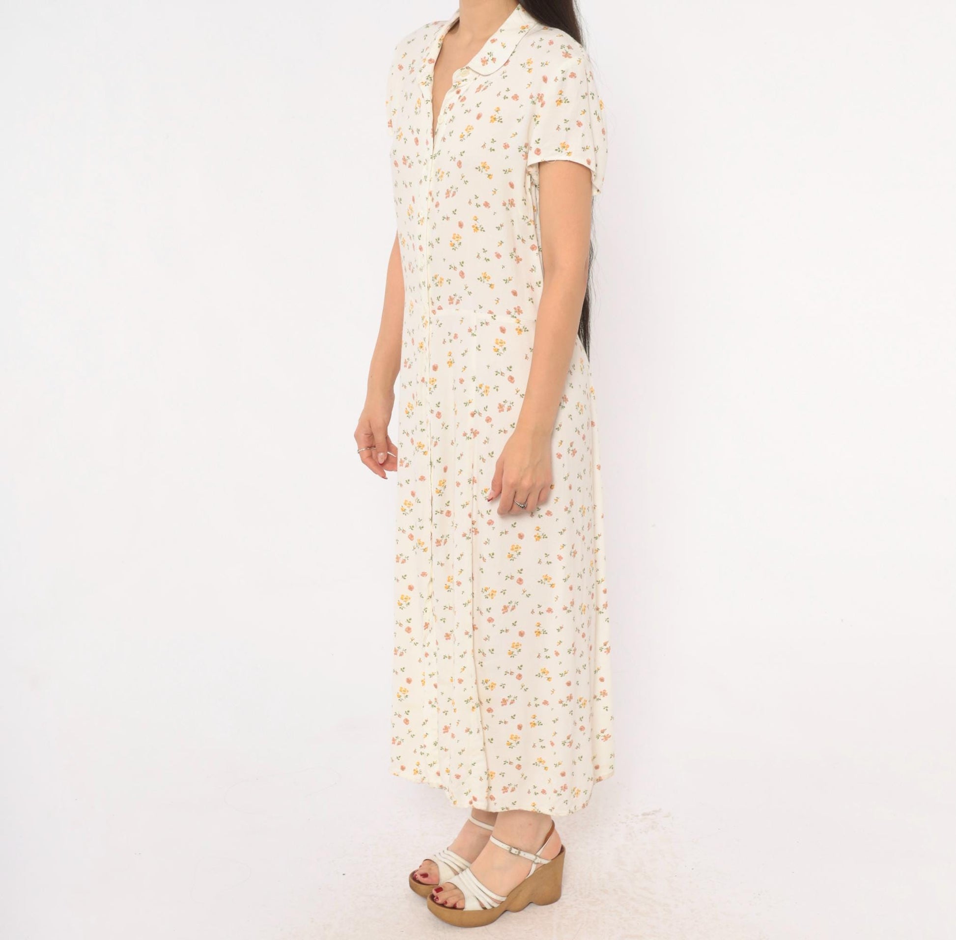 Reformation Ditsy Floral Maxi Dress Cream Pink Button Front Collared Large