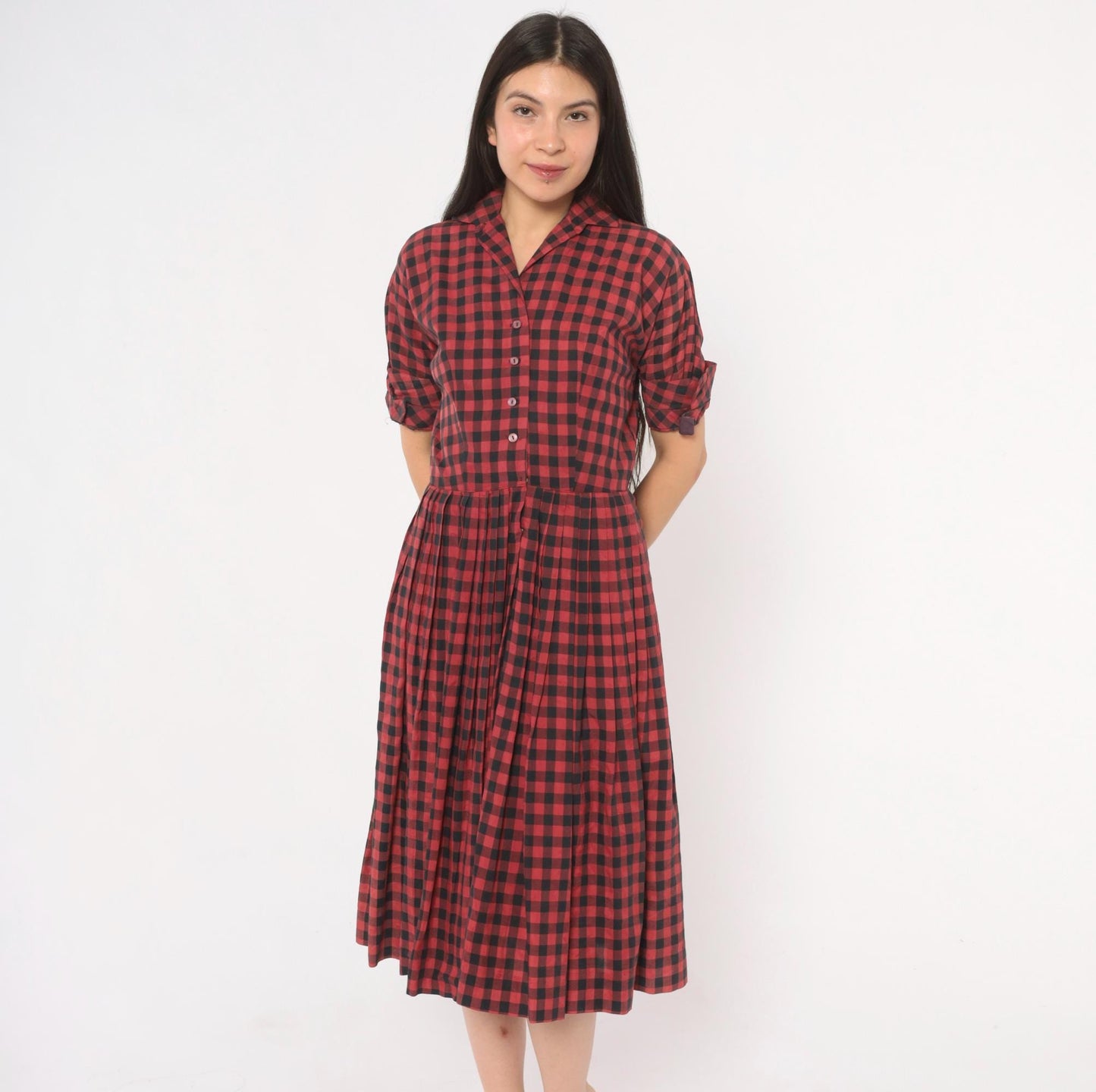 60s Meg Marlowe Buffalo Check Shirtdress Burgundy Black Plaid Cotton Small