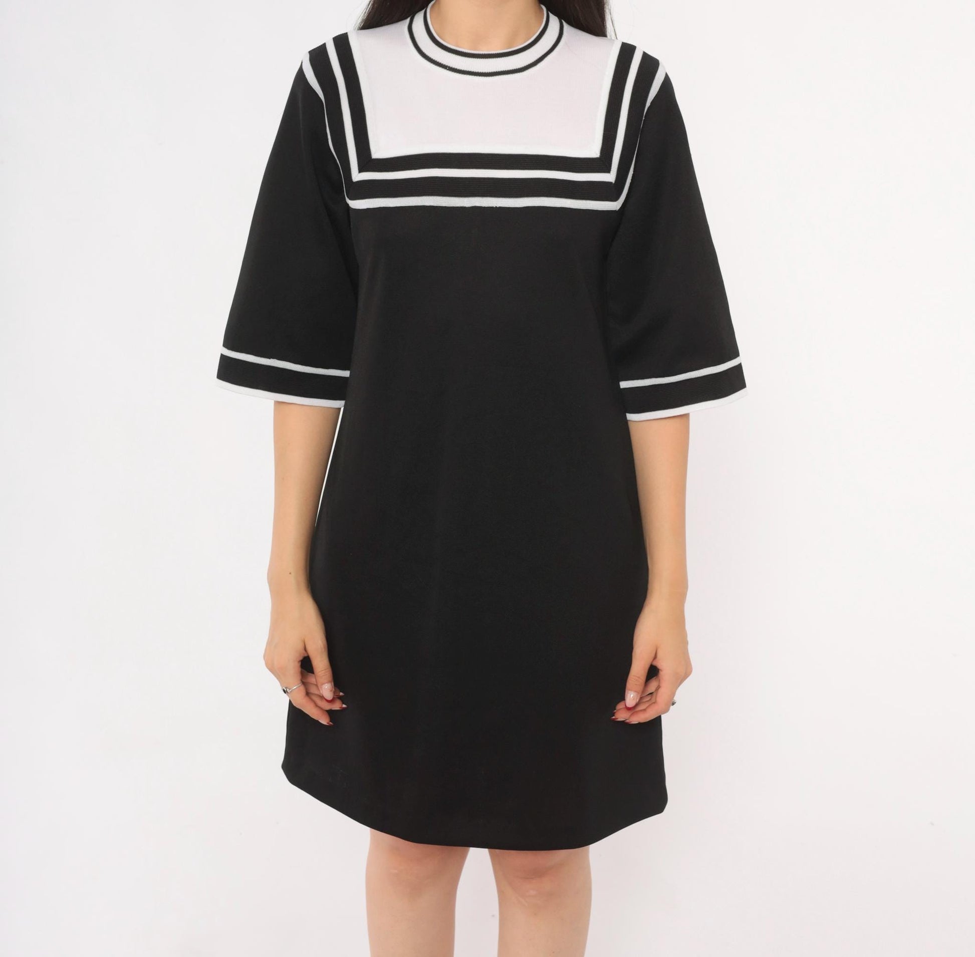 70s Roncelli Sailor Collar Knit Shift Dress Black White Mini Small