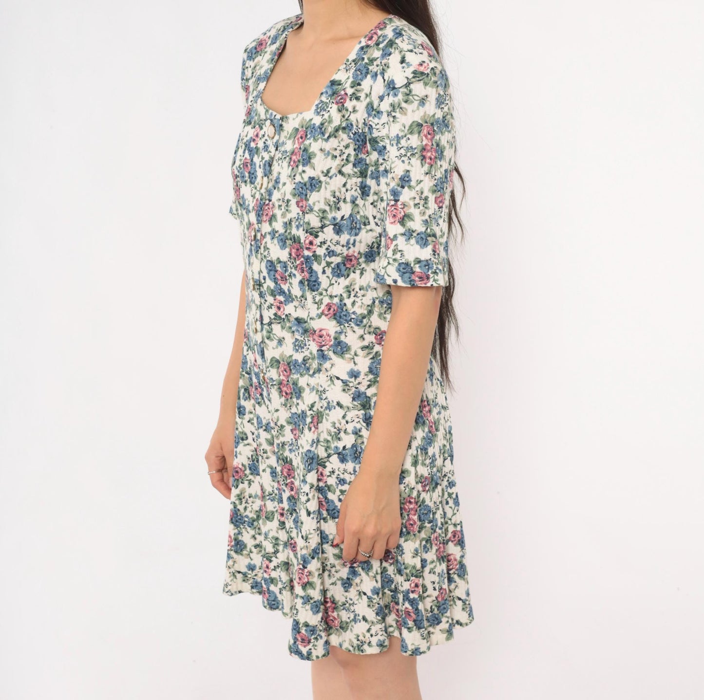 90s Floral Button Front Romper Square Neck Blue Pink Rose Ivory Medium M