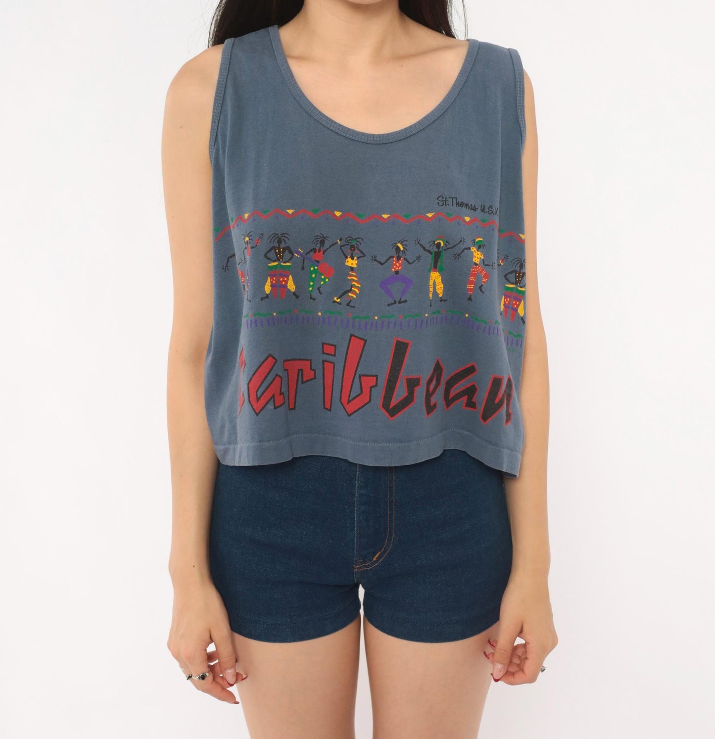 90s Alore Caribbean Dancer Crop Tank St Thomas Blue Cotton Medium