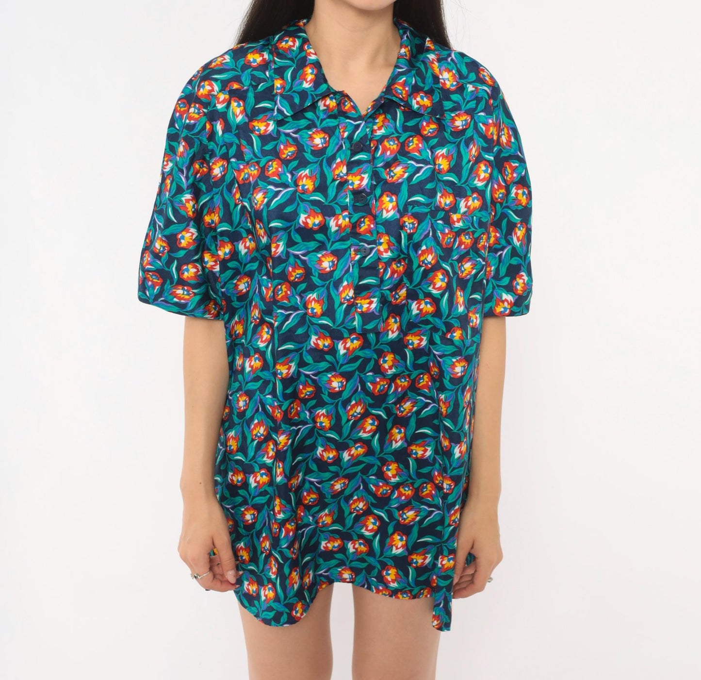 80s Josephine Floral Print Shirt Navy Tulip Blouse Collared Large L
