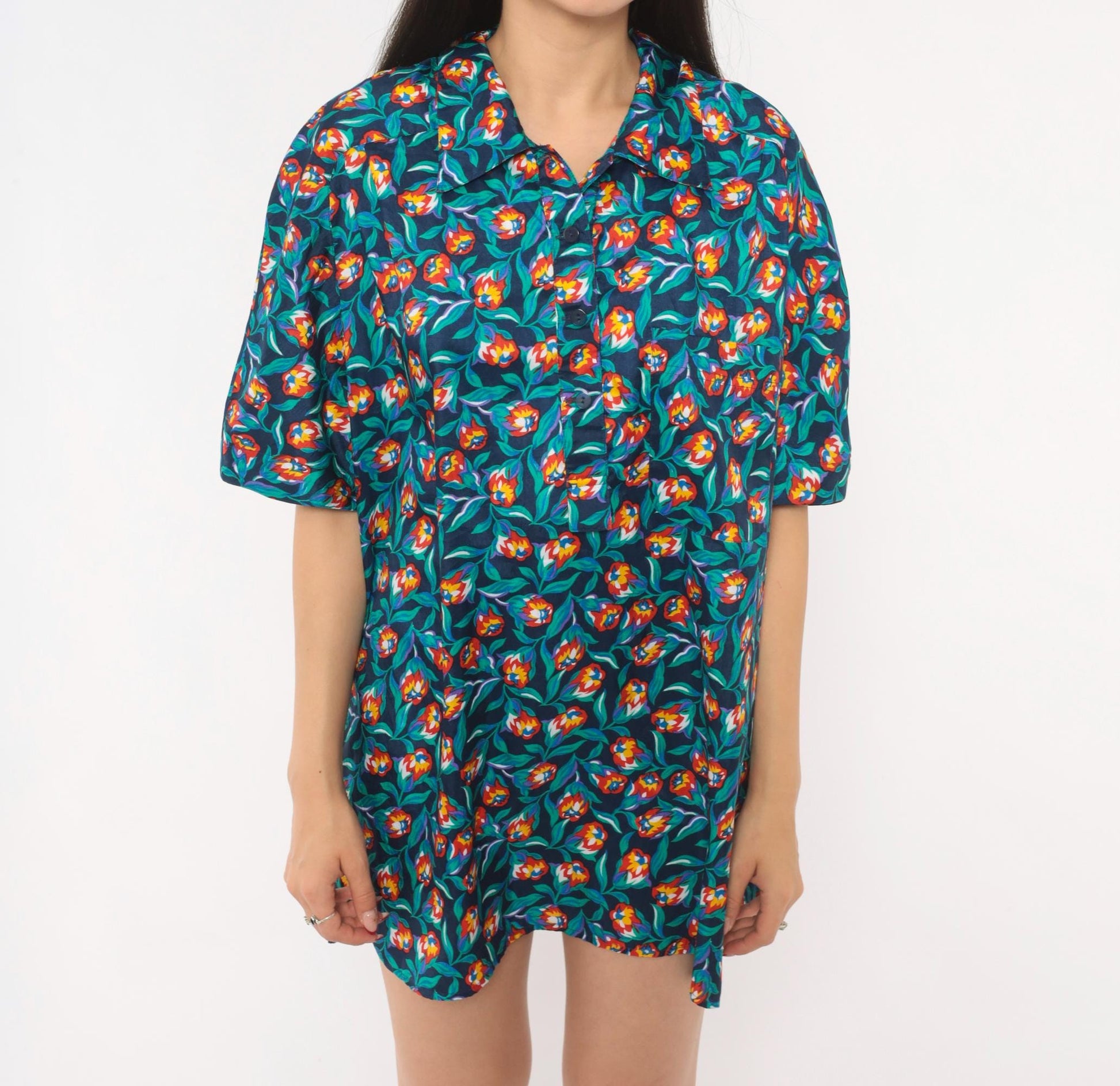 80s Josephine Floral Print Shirt Navy Tulip Blouse Collared Large L