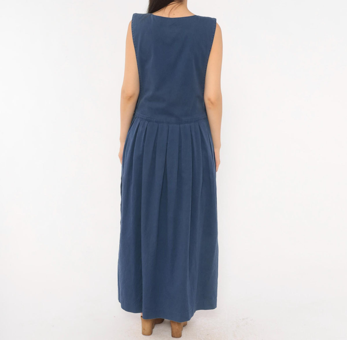 80s Fenwick Navy Cotton Jumper Dress Deep V Maxi Pleated Medium M