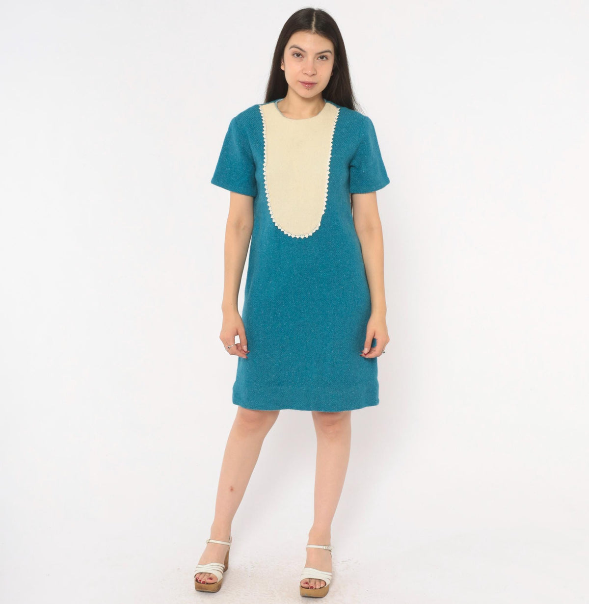 1960s Teal Wool Shift Dress Cream Bib Panel Lace Trim Knee Length Small