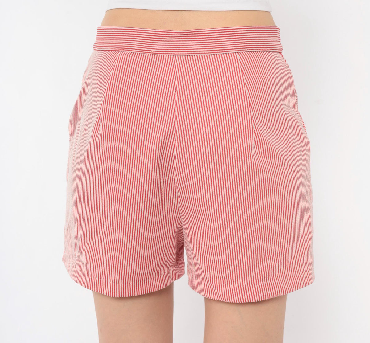 70s Red White Striped Seersucker Shorts High Waisted Button Front Medium M