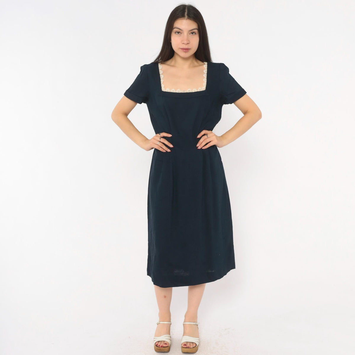 60s Navy Dress Square Neck Lace Trim A-Line Short Sleeve Side Zip Medium M