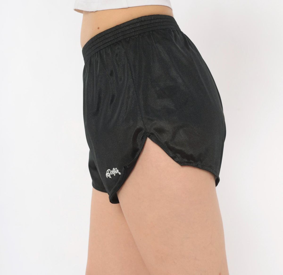 80s Dolfin Black Satin Running Shorts Dolphin Logo Small S