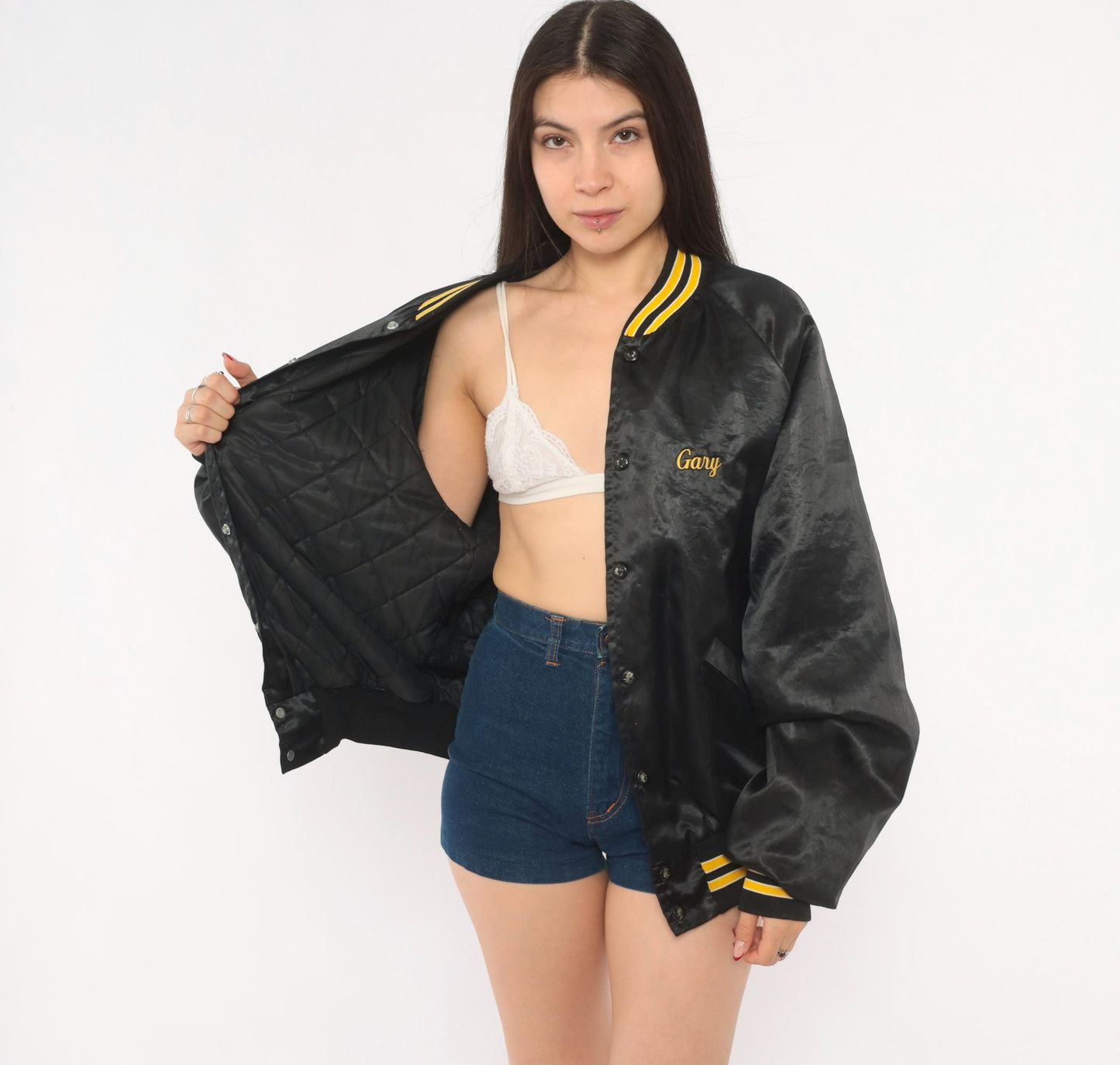 80s King Louie Pro Fit Wyoming Welding Satin Bomber Jacket Black Gold Large L