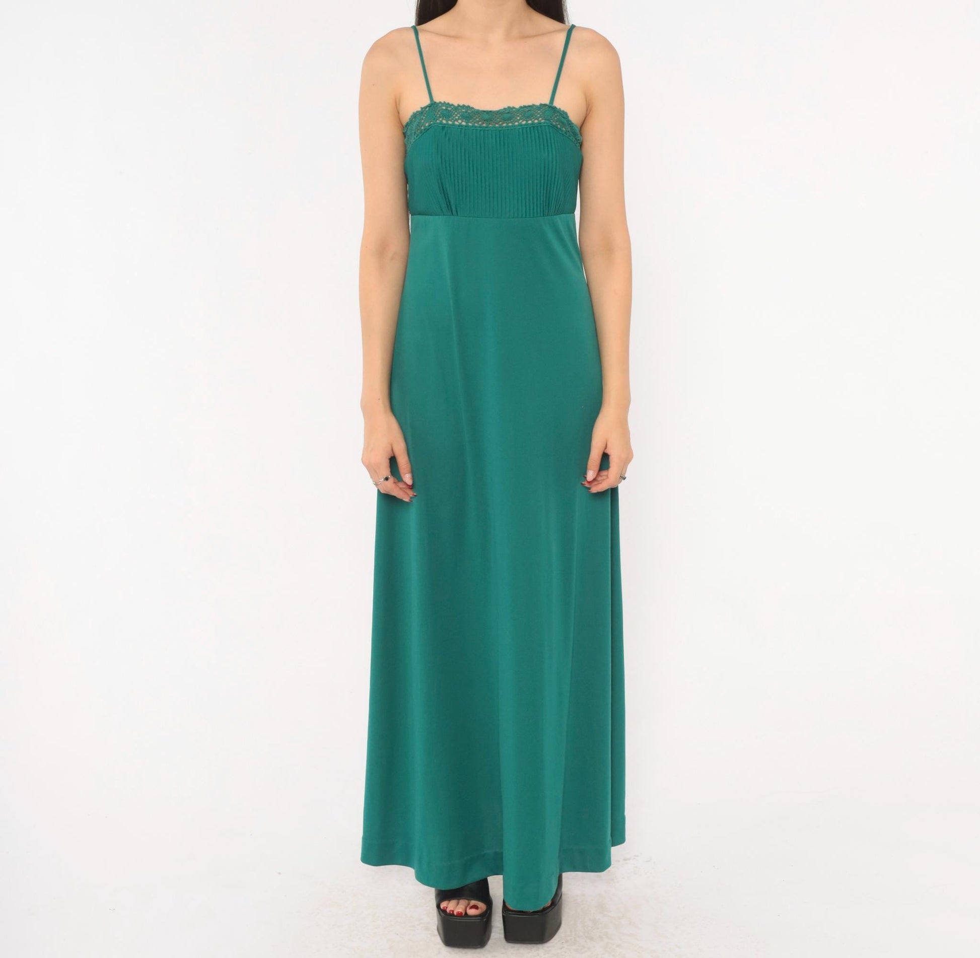 70s Teal Crochet Lace Maxi Dress Empire Waist Spaghetti Strap Extra Small
