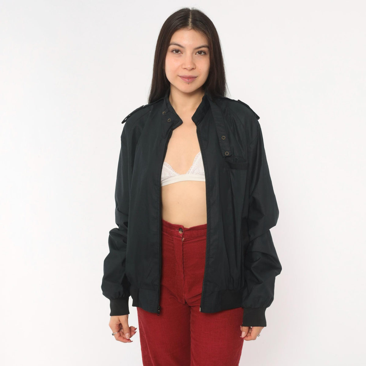 90s Black Bomber Jacket Zip Front Epaulette Military Windbreaker Medium