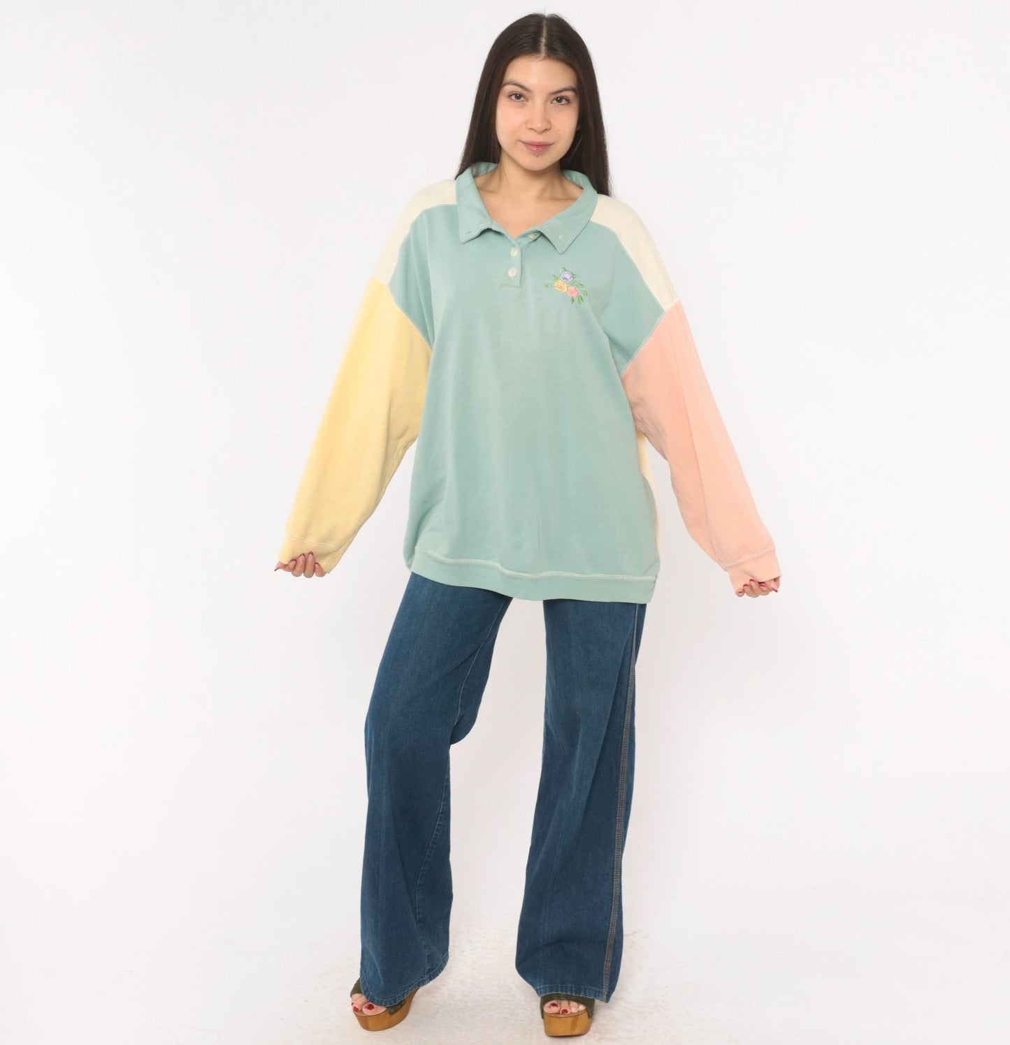 80s Ys Casuals Pastel Color Block Polo Sweatshirt Floral Embroidered Extra Large XL