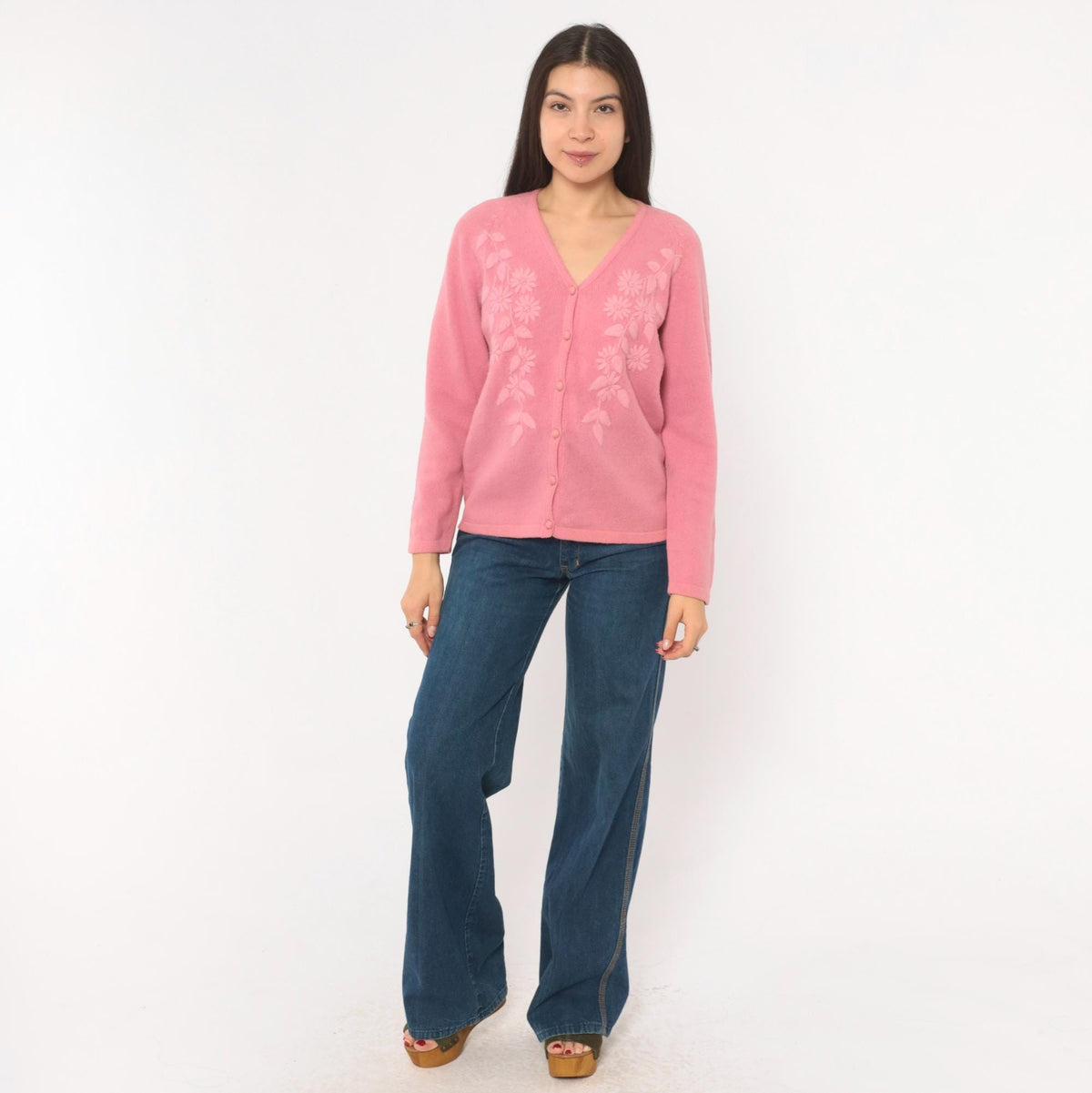 80s NKKC Rose Pink Lambswool Cardigan Floral Embroidered V-Neck Medium M