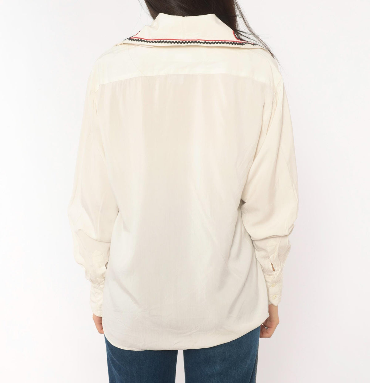 80s Bellows Brut Cream Western Blouse Red Black Embroidered Collar Medium M
