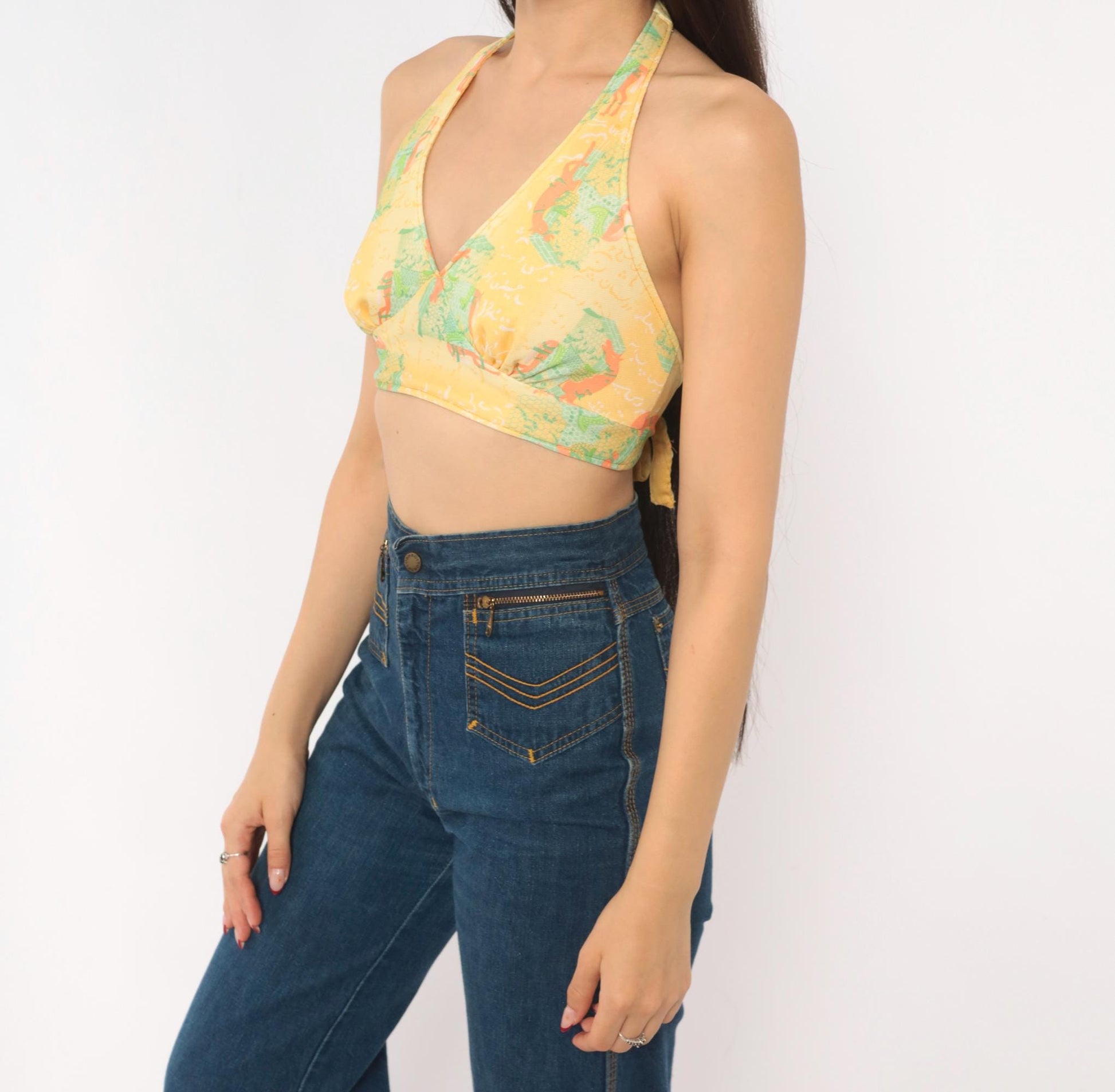 70s Yellow Floral Halter Crop Top Backless Tie Blouse Small