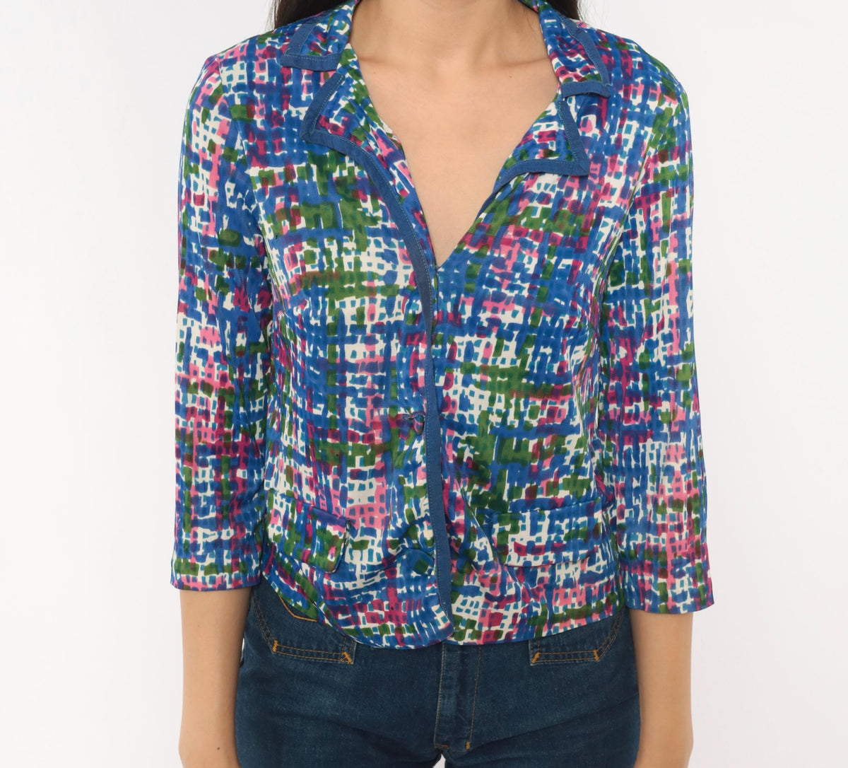 70s Puritan Forever Yours Abstract Crosshatch Blouse Blue Pink Green Small