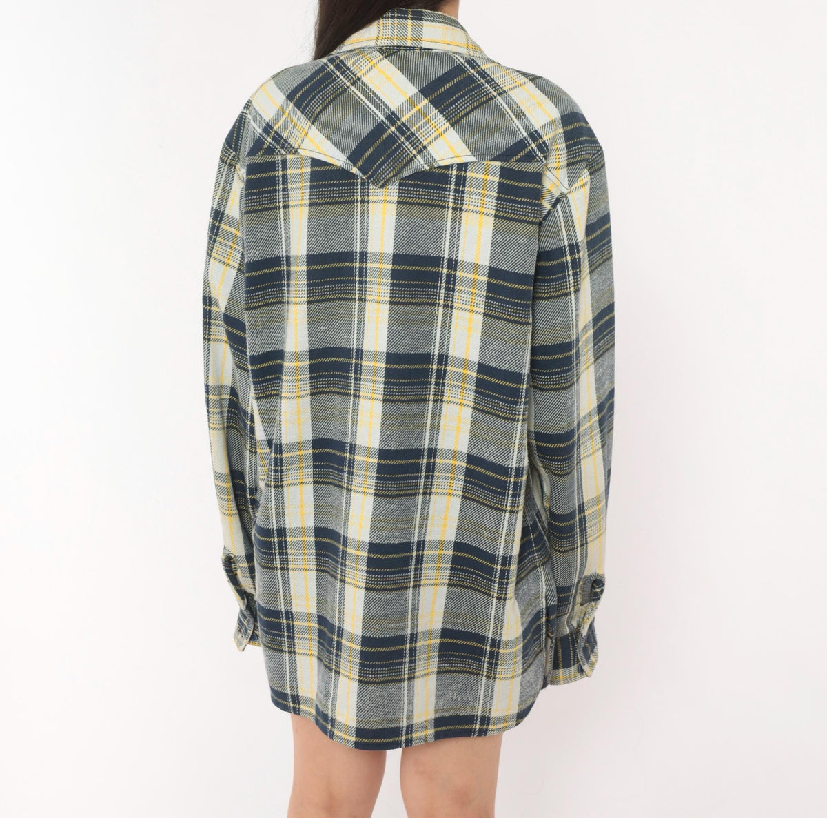 80s Navy Yellow Plaid Flannel Shirt Cotton Button Front Extra Large