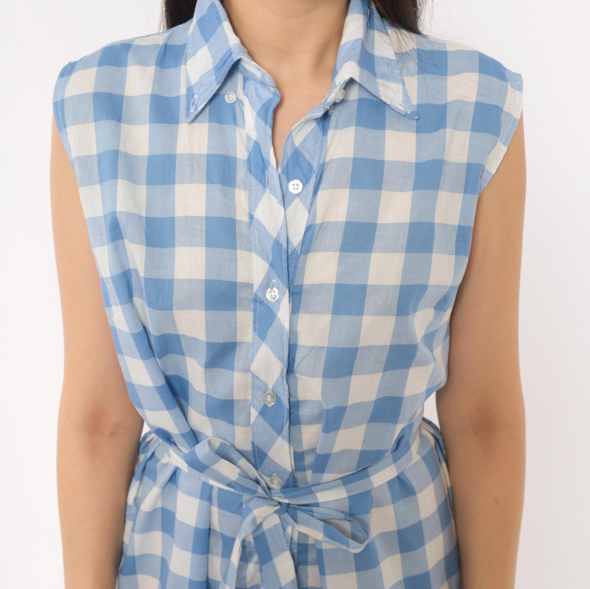 60s Laura Mae Life Gingham Shirt Dress Blue White Check Knee-Length Cotton Medium M