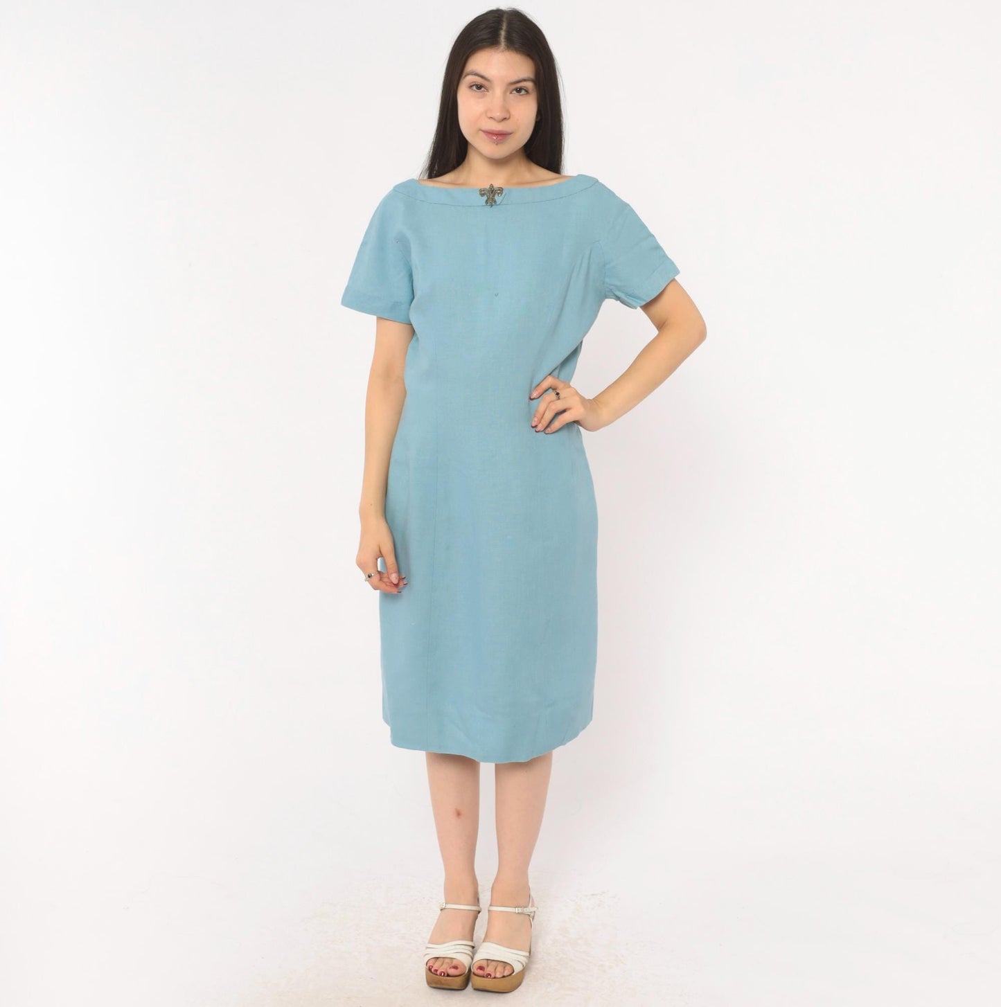 60s Mod Shift Dress Wool Boat Neck Blue Silver Brooch Large L