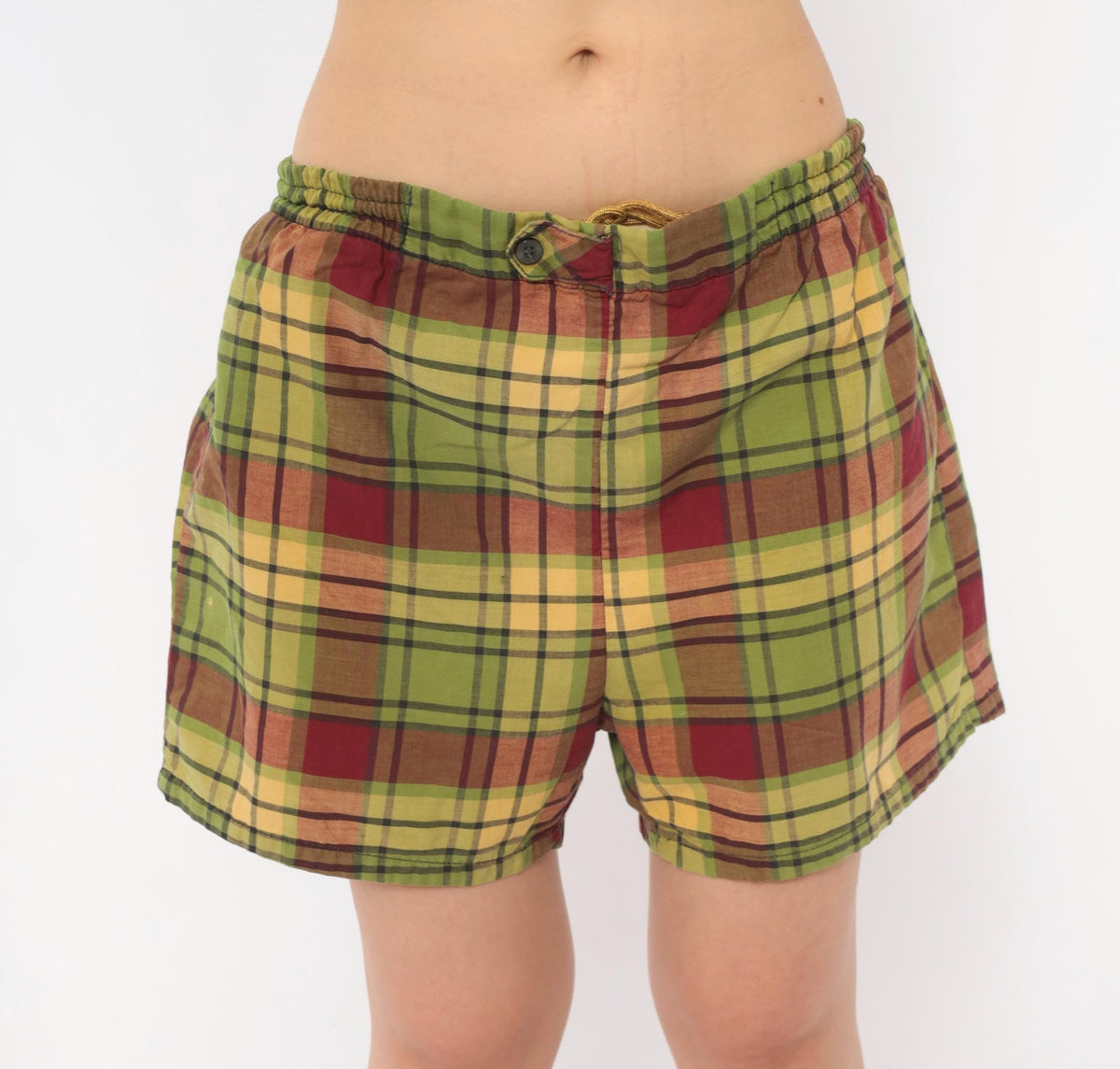 70s Plaid Swim Shorts Olive Burgundy Tartan Cotton Unisex Medium
