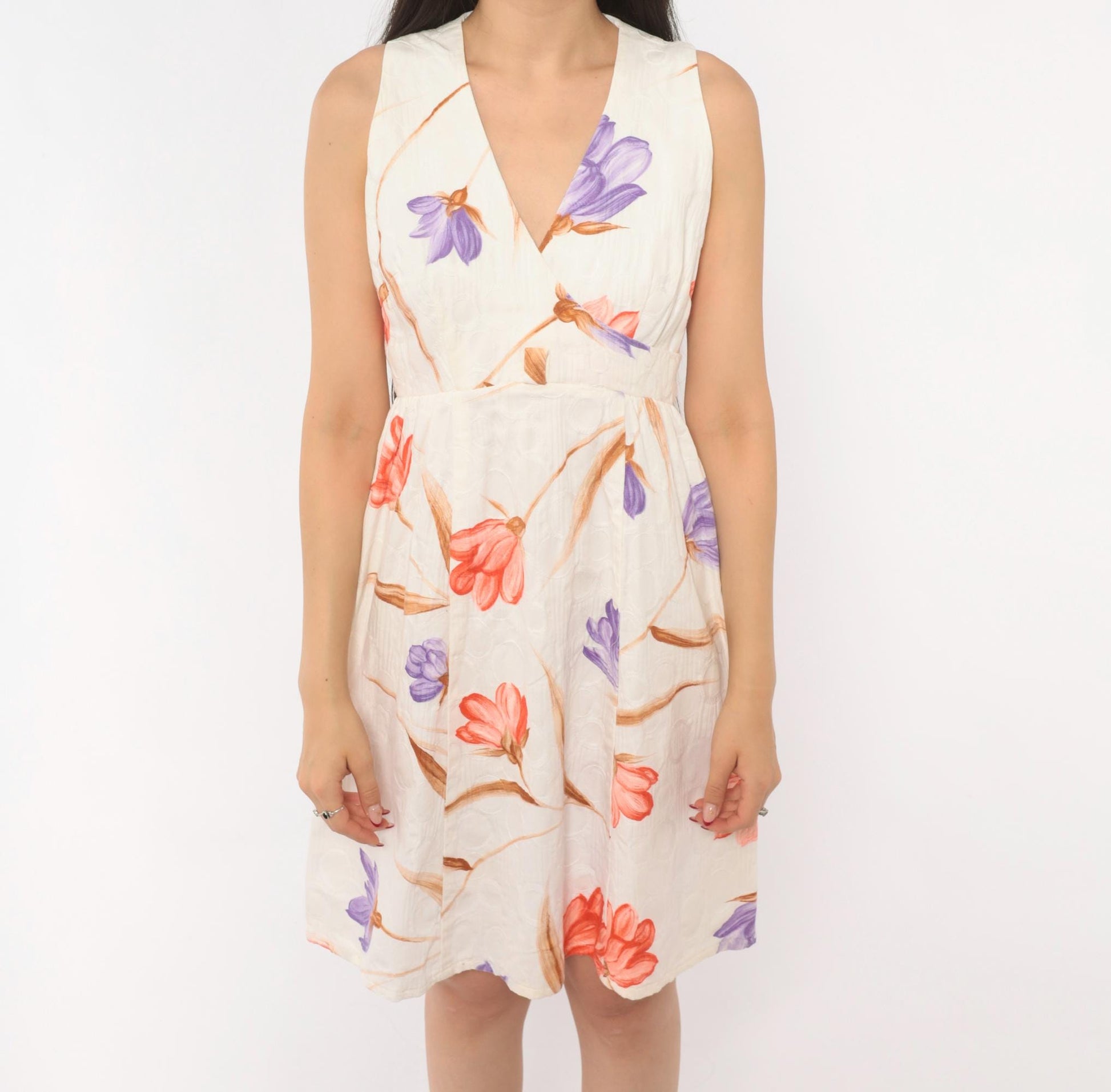 70s Tori Richard Floral Cotton Mini Dress V-Neck Wrap Ivory Small S