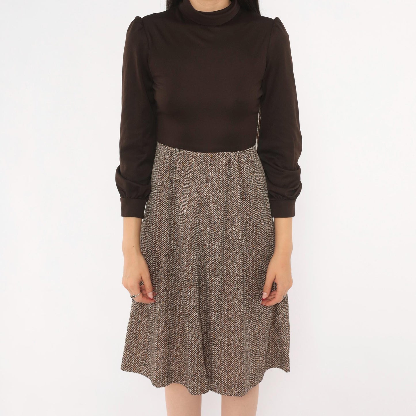 70s Brown Herringbone A-Line Dress Puff Sleeve Turtleneck Extra Small XS