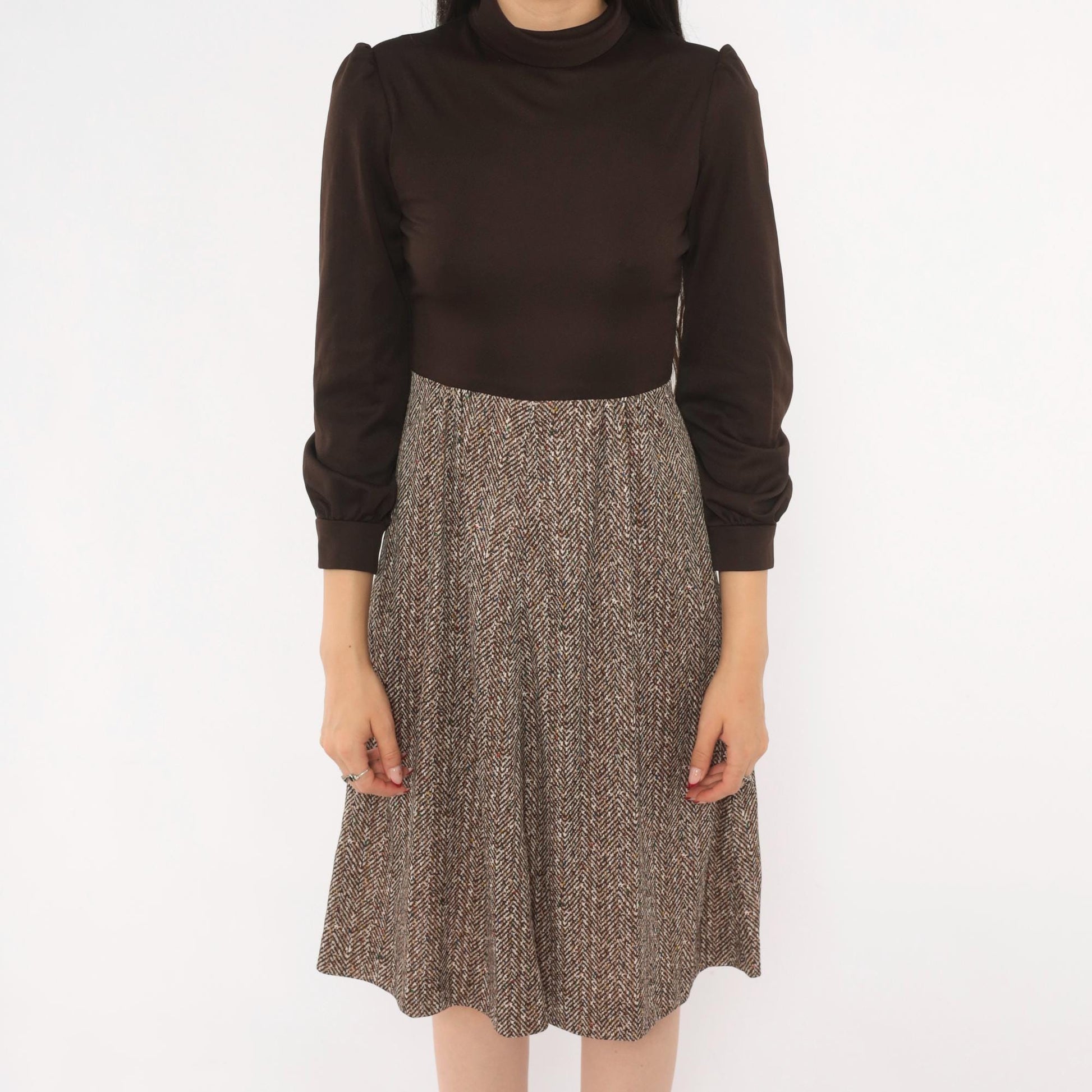70s Brown Herringbone A-Line Dress Puff Sleeve Turtleneck Extra Small XS