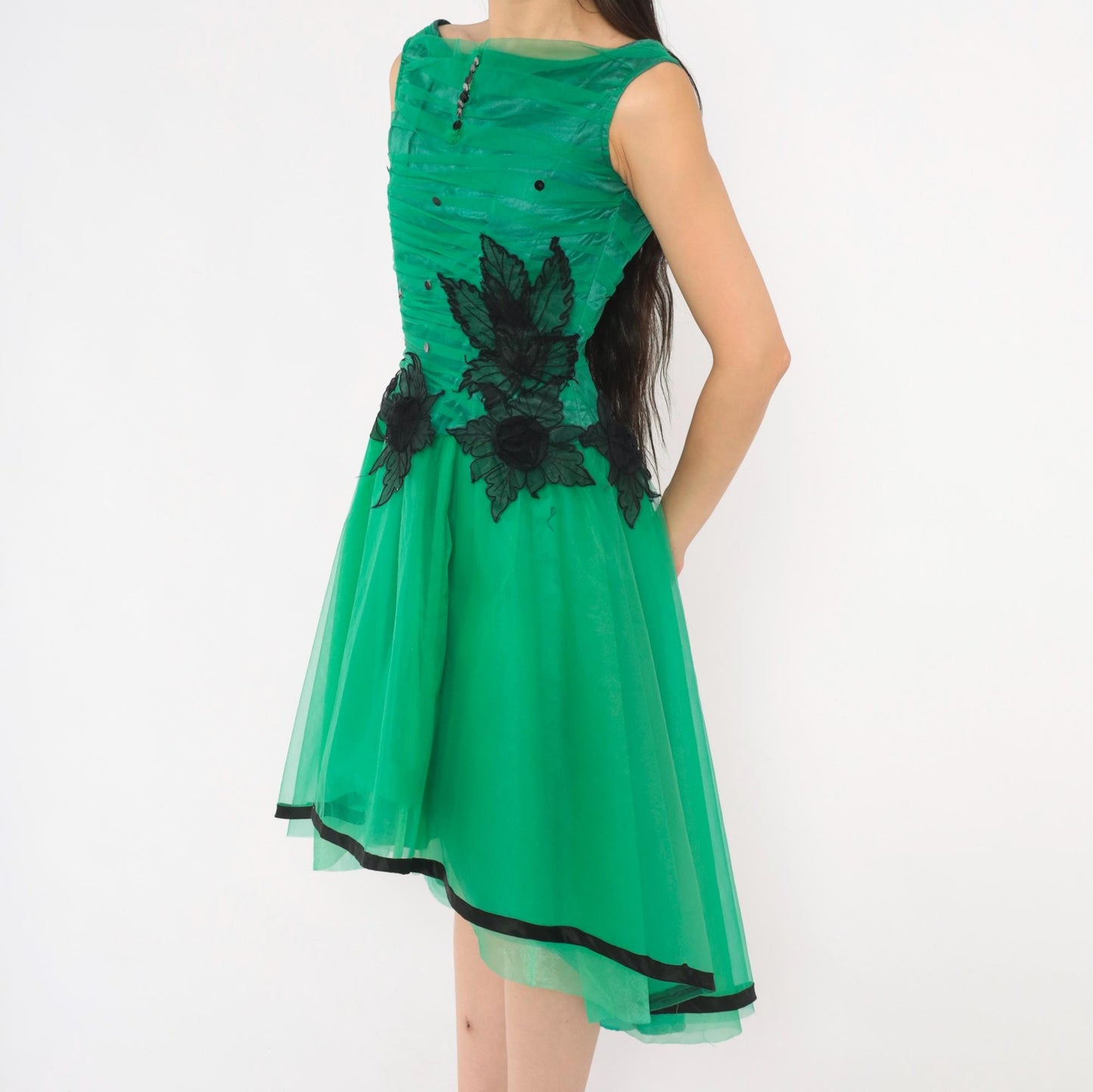 80s Emerald Green Fit Flare Party Dress Sequin Tulle High-Low Black Floral XS