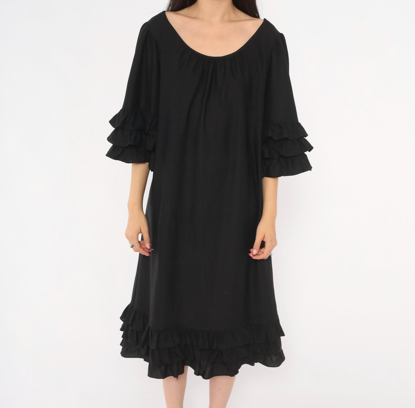 70s Black Midi Dress Ruffle Sleeve Tiered Hem Pullover Large L