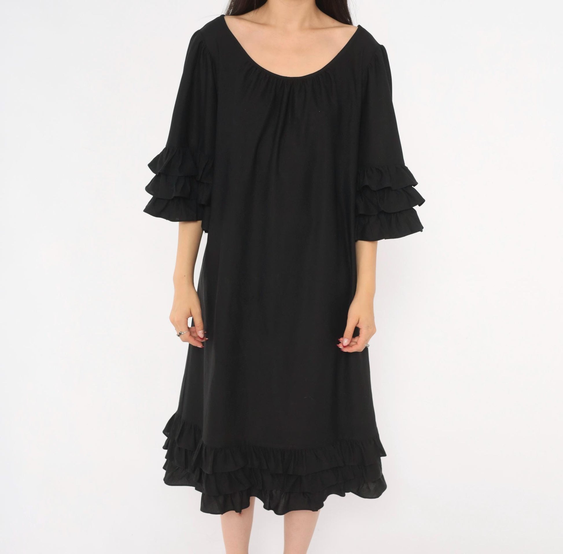 70s Black Midi Dress Ruffle Sleeve Tiered Hem Pullover Large L