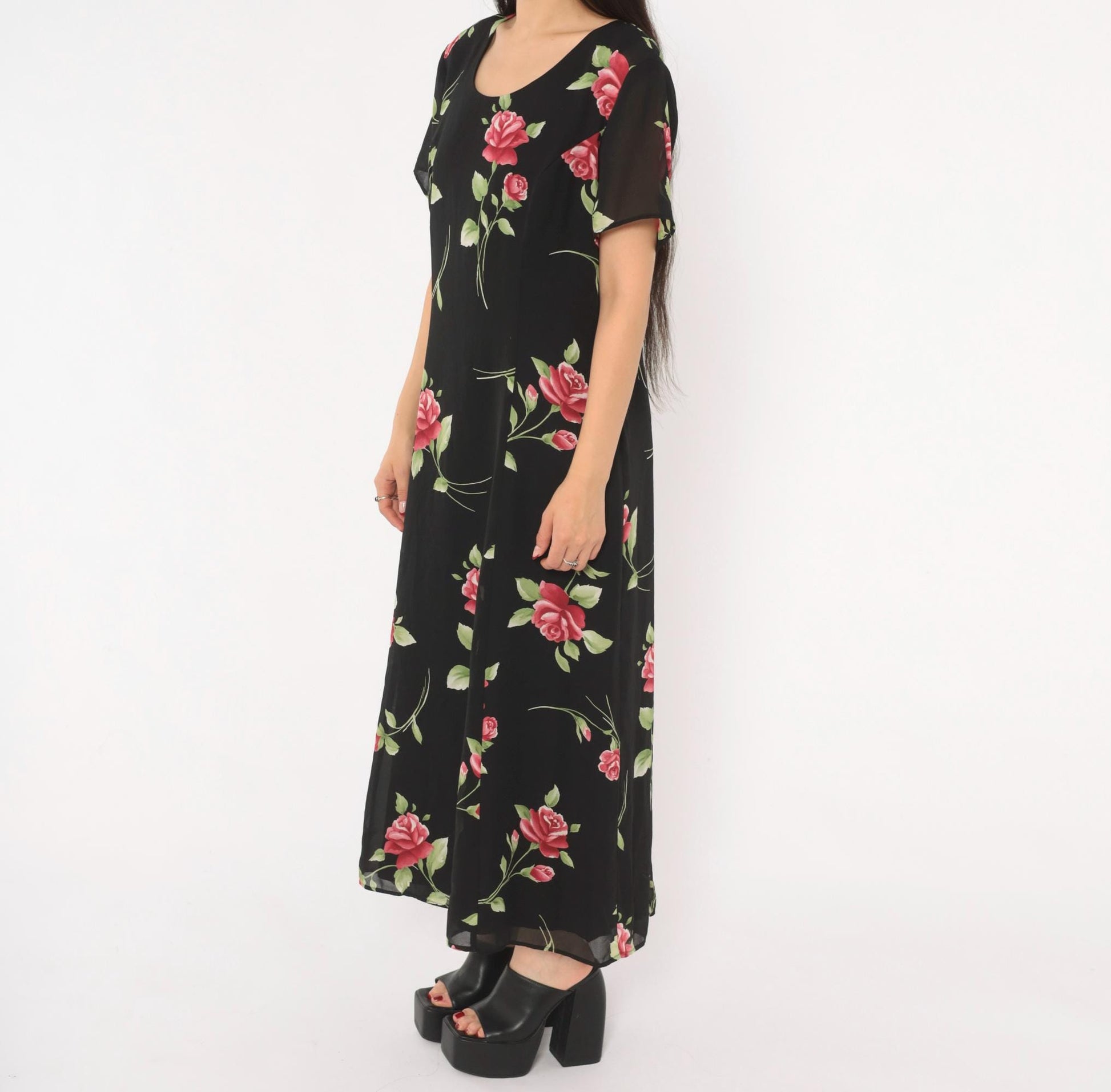 90s Black Rose Maxi Dress Floral Chiffon Scoop Neck A-Line Medium M