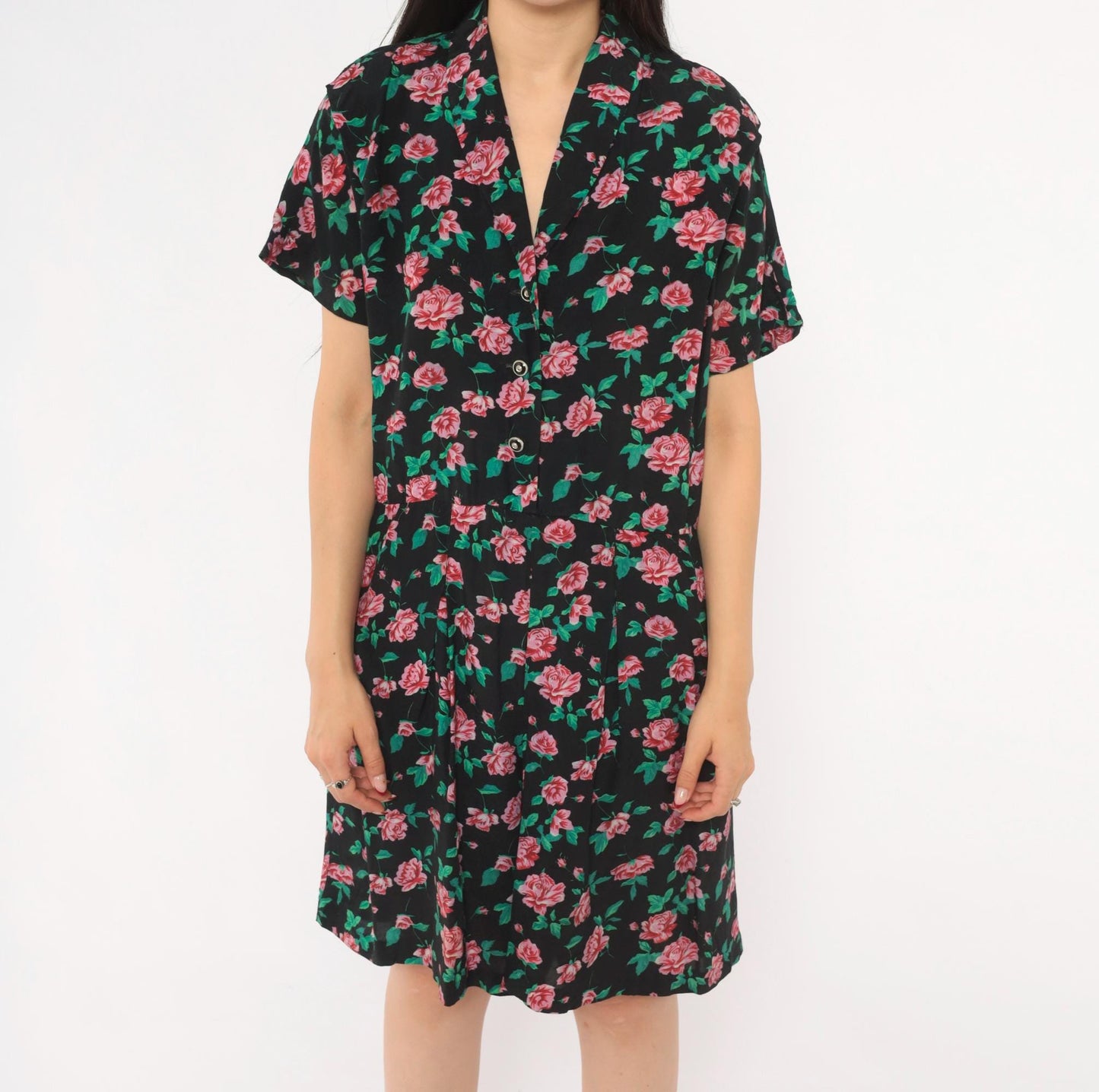 90s All That Jazz Floral Romper Black Pink Rose Print V-Neck Small S