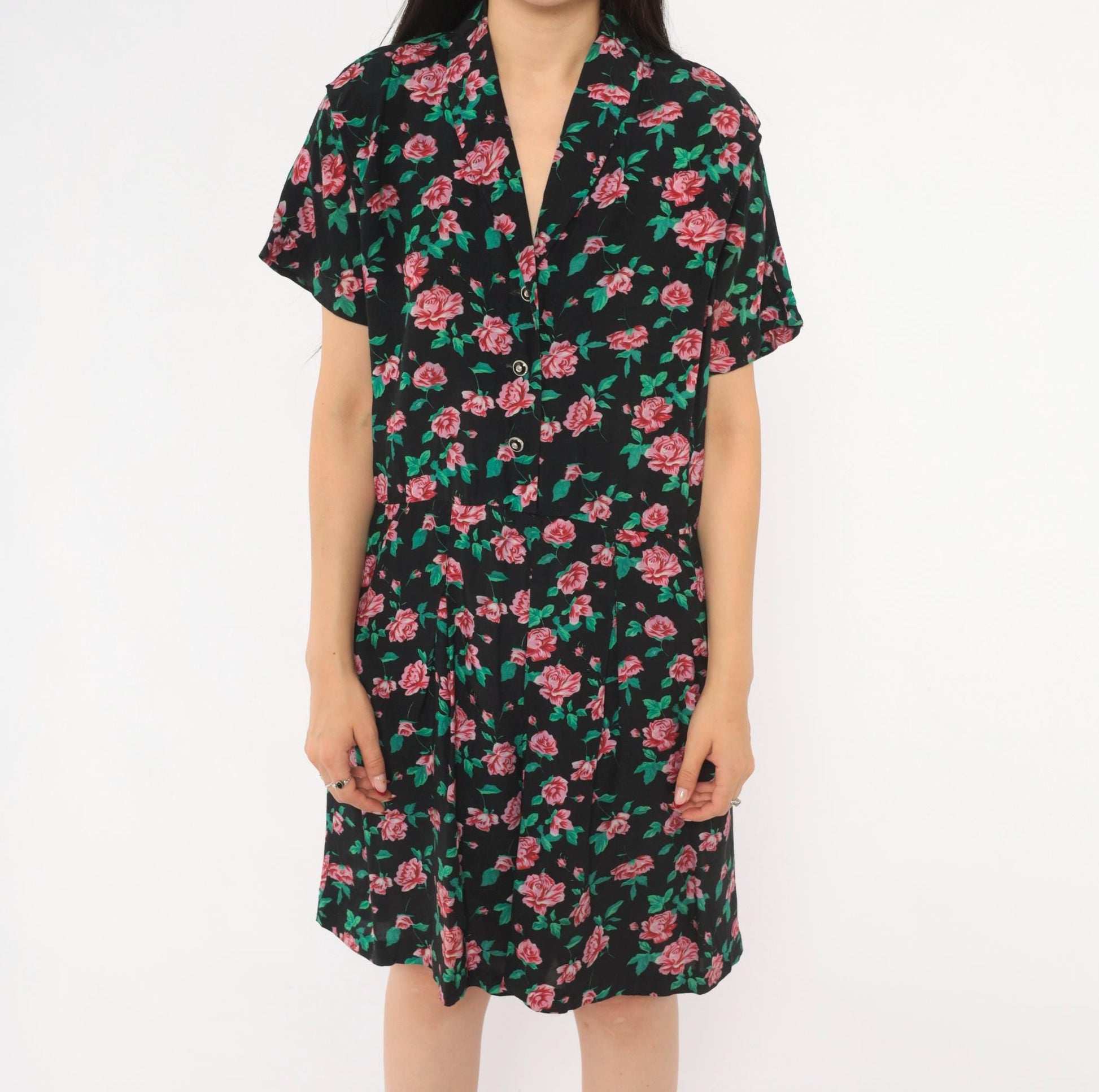 90s All That Jazz Floral Romper Black Pink Rose Print V-Neck Small S