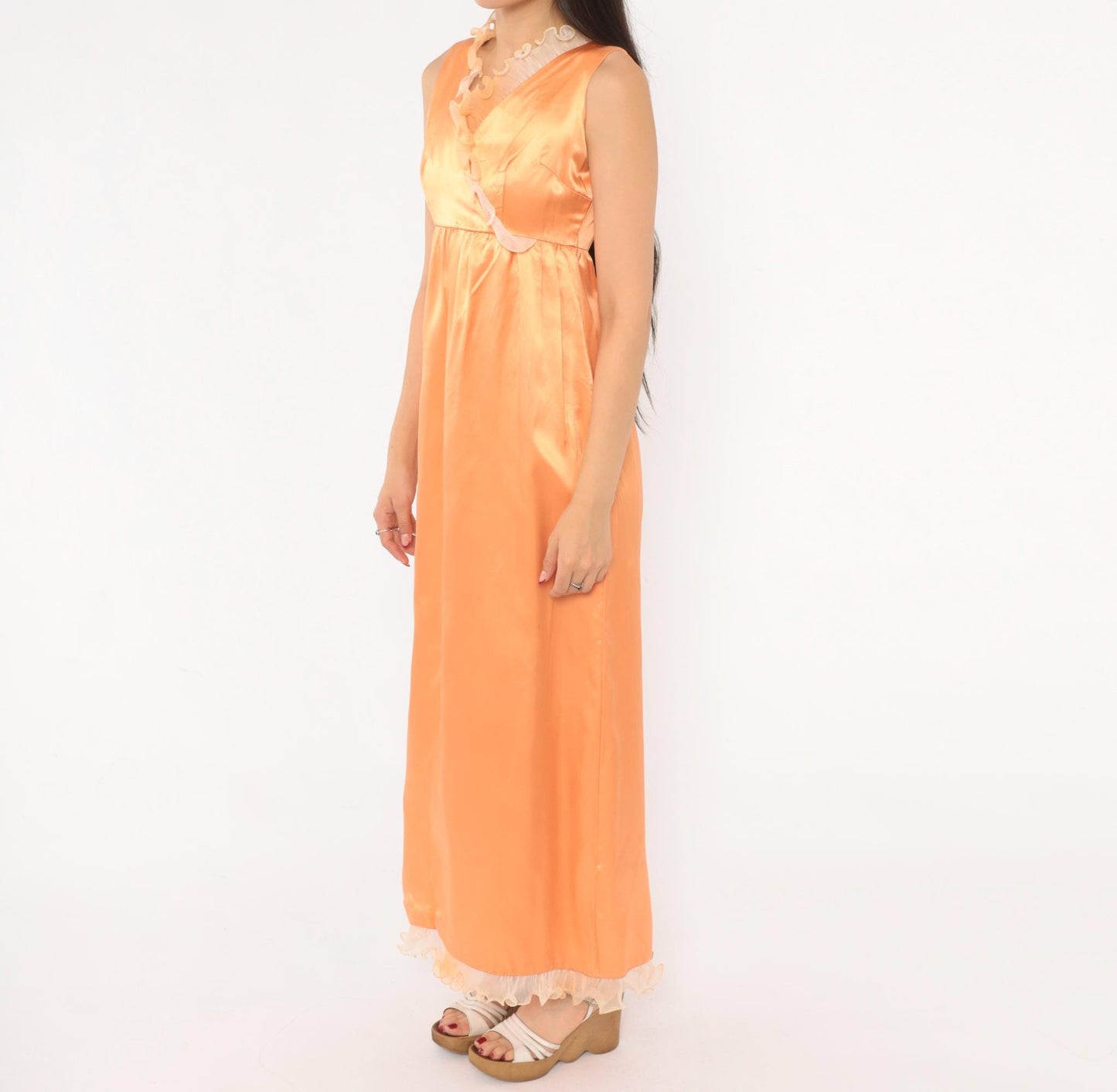 70s Peach Satin Nightgown Surplice V Neck Ruffle Lace Maxi Slip Extra Small XS