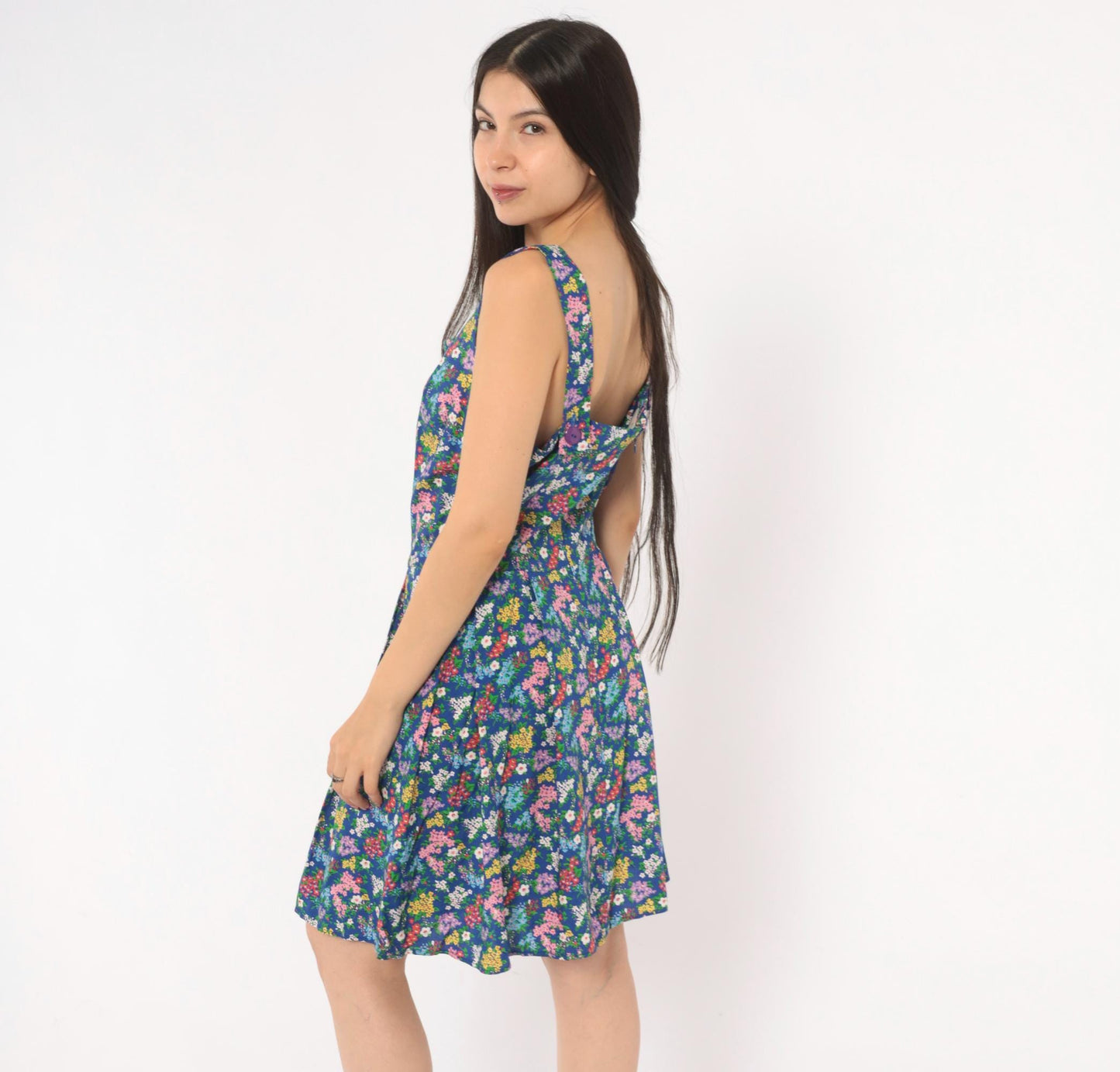 90s Liz Claiborne Floral Sundress Blue Pink Garden Print Mini Medium M