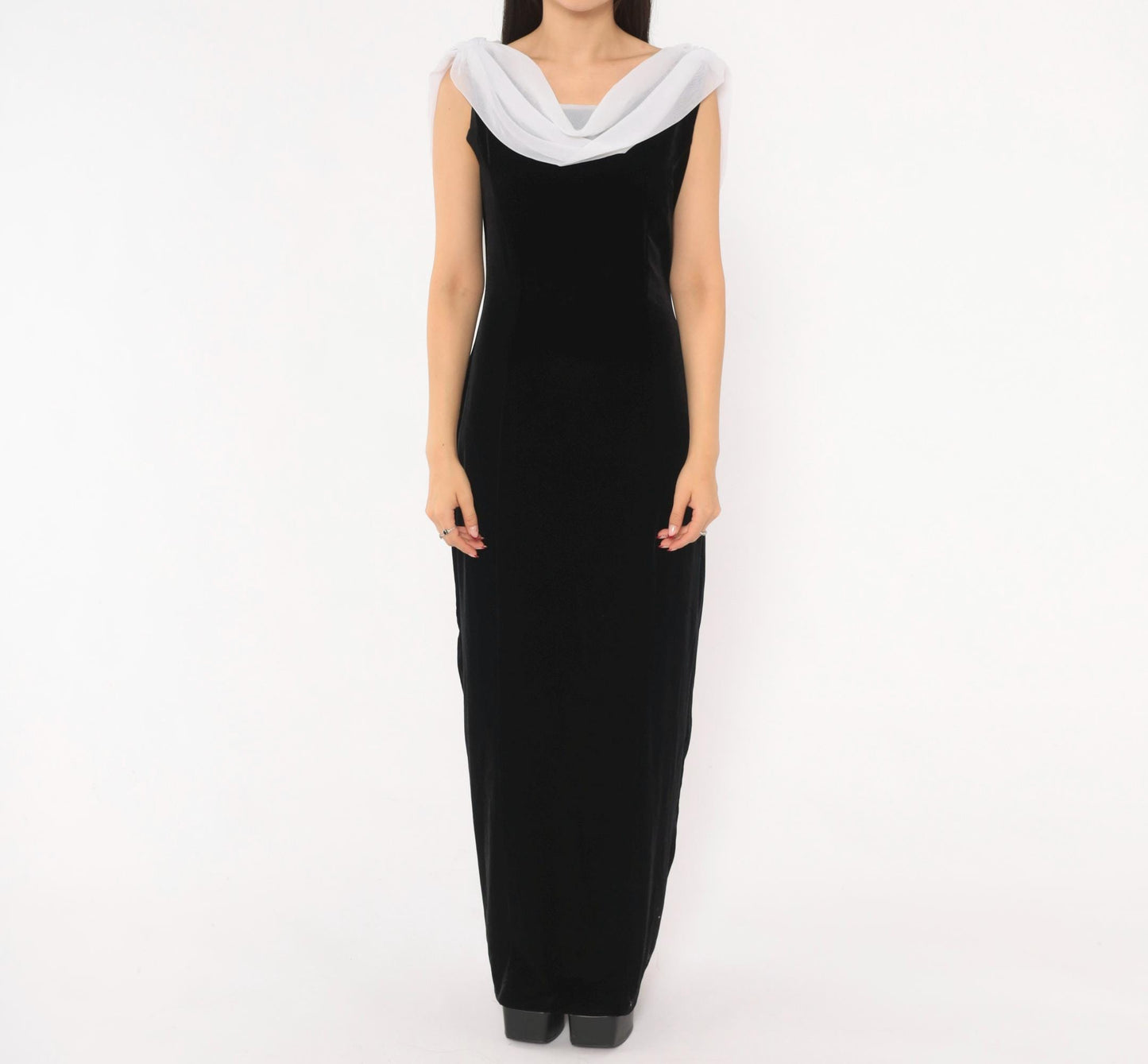 90s Night Way Black Velvet Column Gown White Chiffon Cowl Open Back Floor Length Large L
