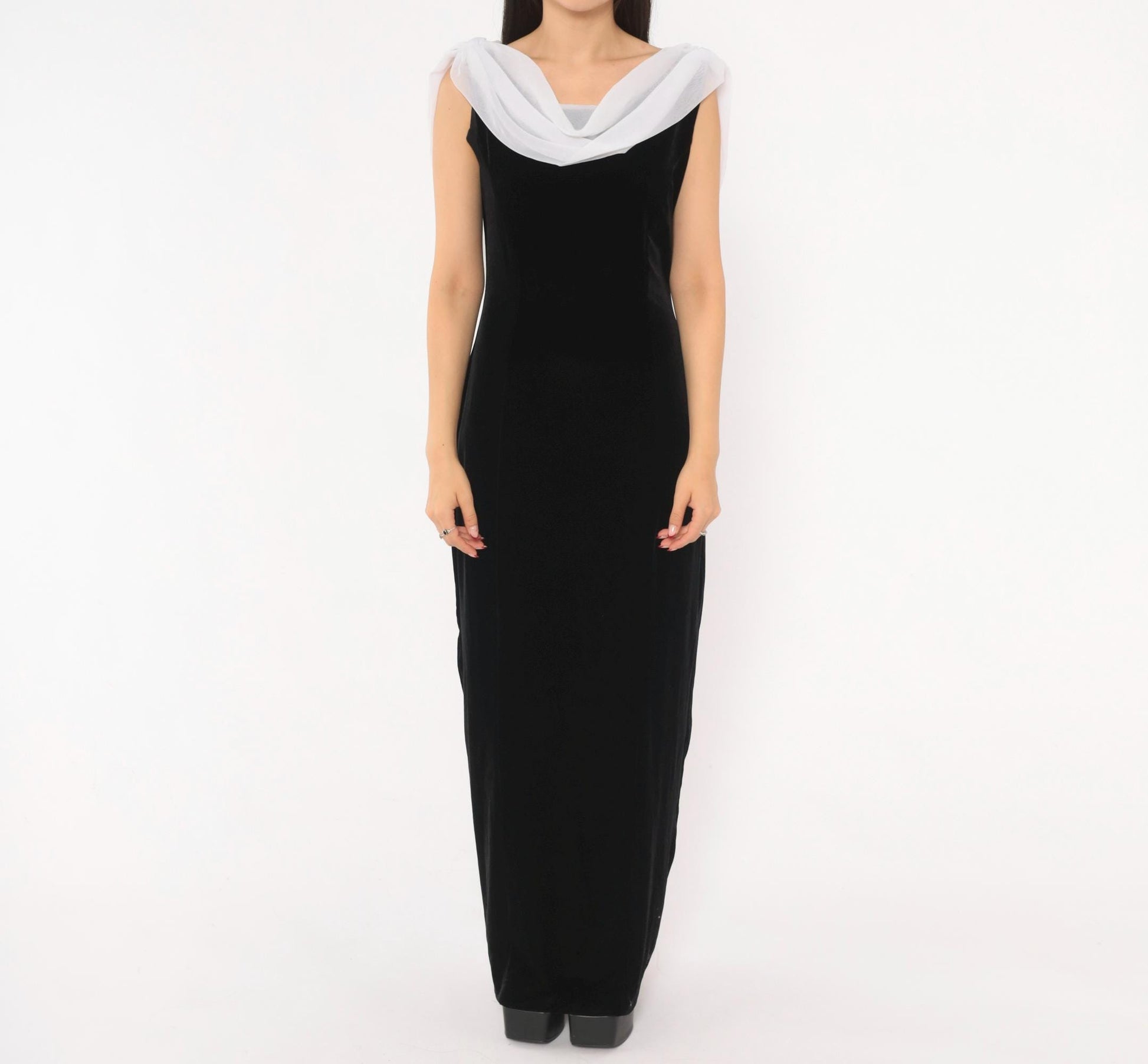 90s Night Way Black Velvet Column Gown White Chiffon Cowl Open Back Floor Length Large L