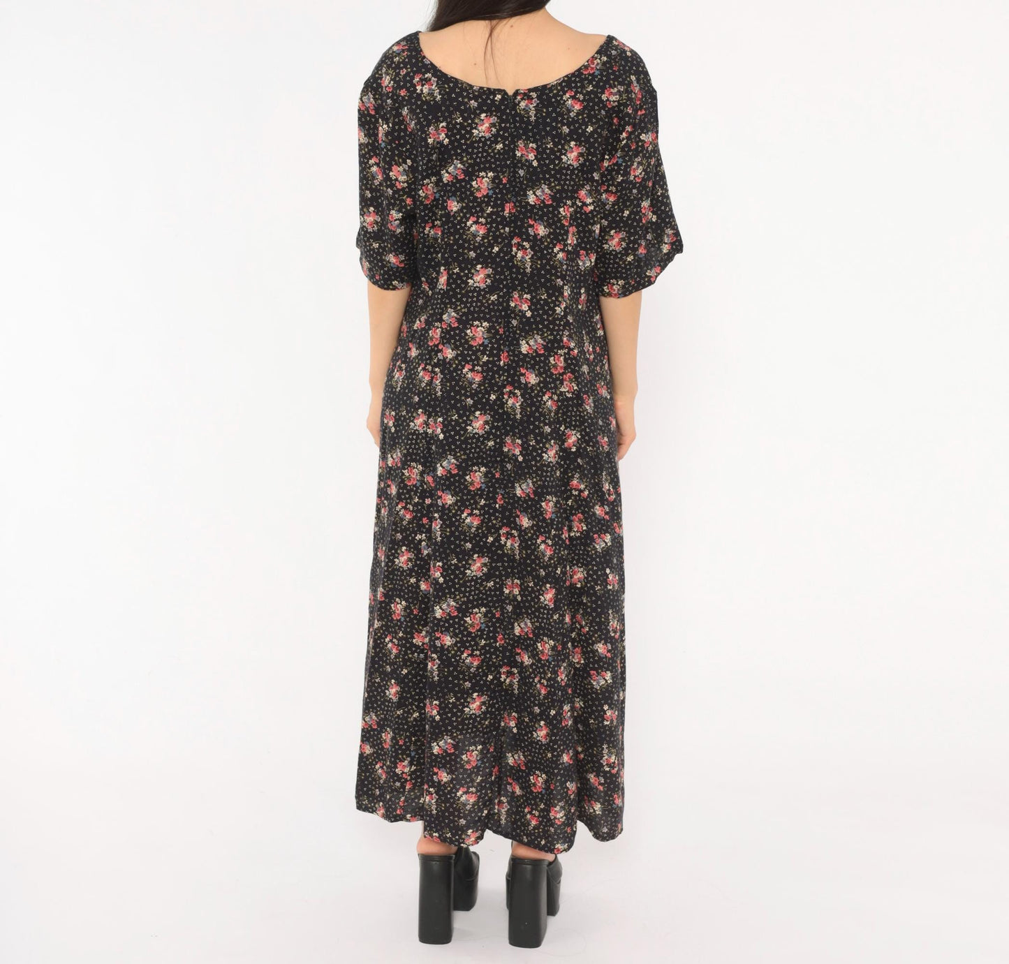 90s Jamie Brooke Black Floral Maxi Dress Pink Blue Scoop Neck Medium M
