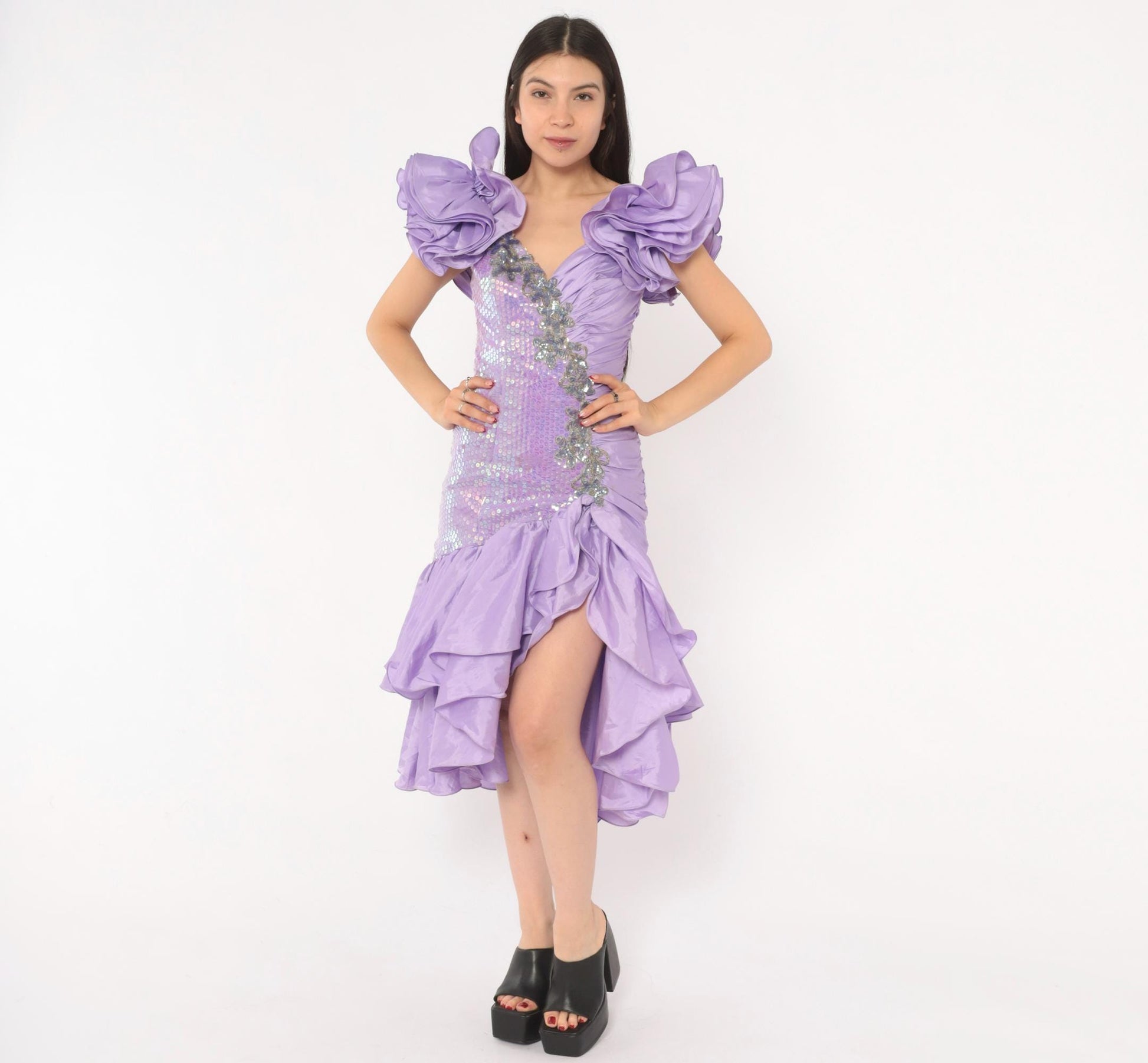 80s Alyce Designs Lilac Sequin Prom Dress Sweetheart Neckline Mermaid Hem Extra Small XS