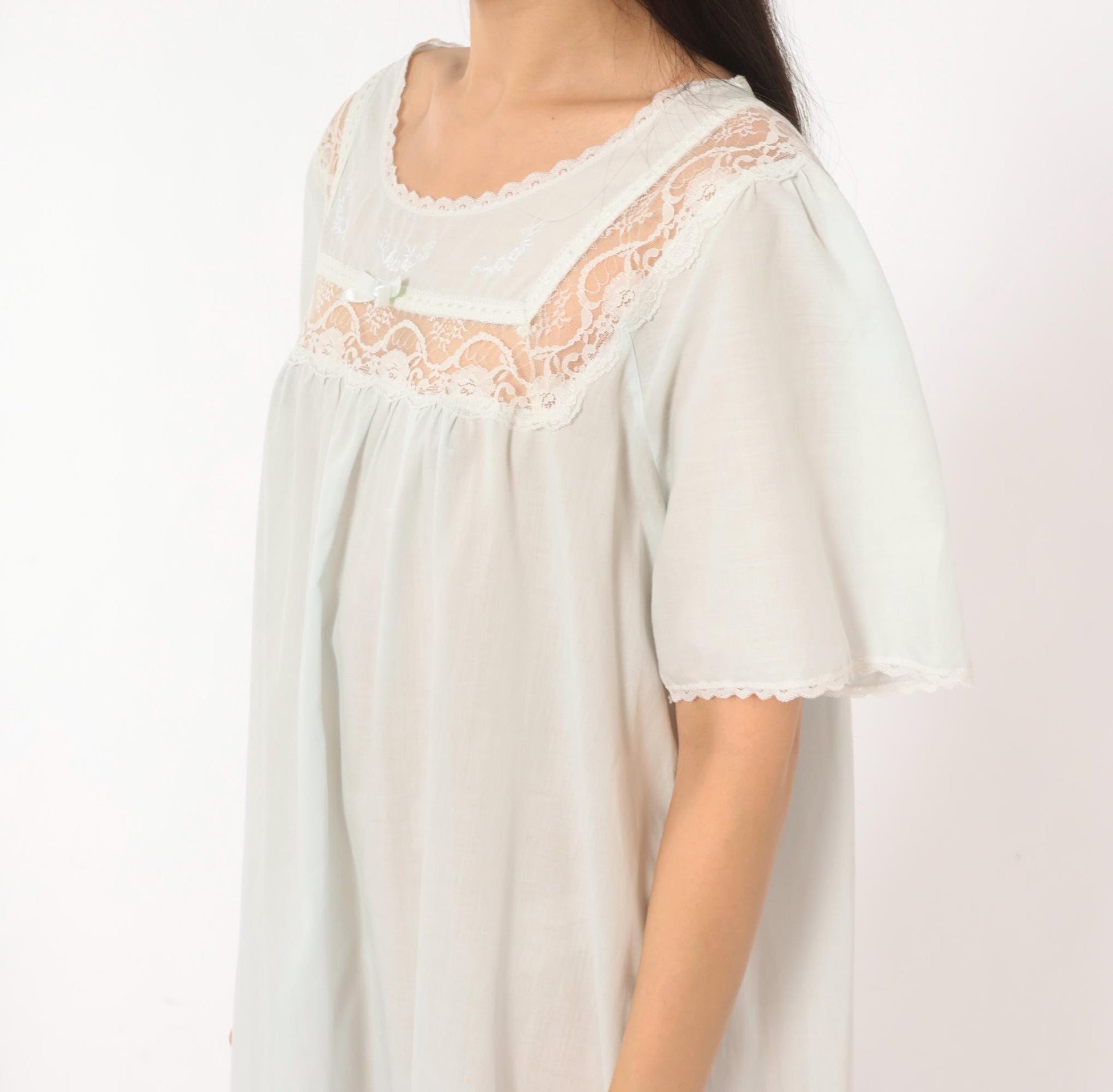 80s Barbizon Pale Blue Maxi Nightgown Lace Yoke Embroidered Puff Sleeve Large L