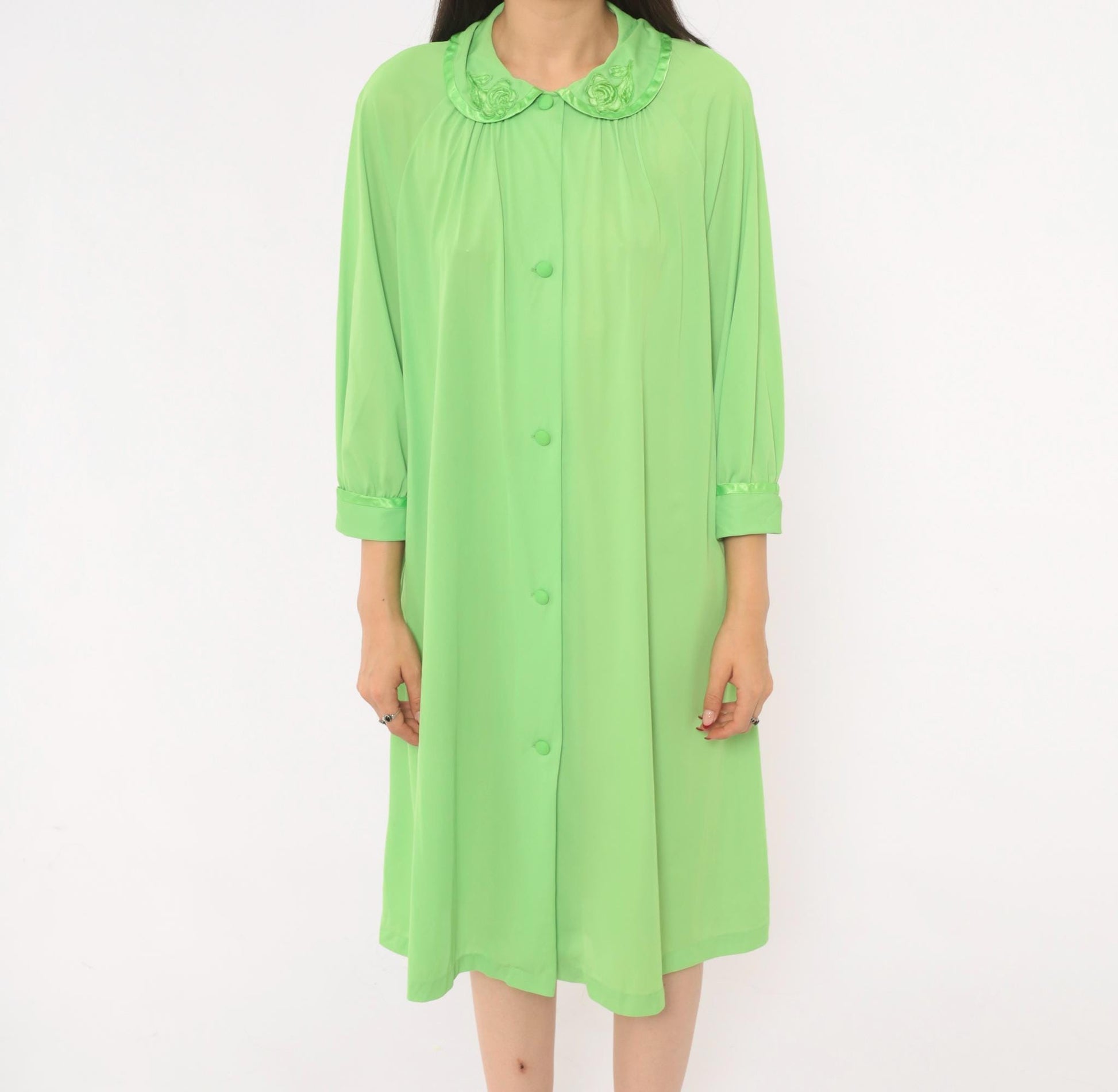 70s Mint Green Button-Front Housecoat Peter Pan Collar Satin Trim Large L