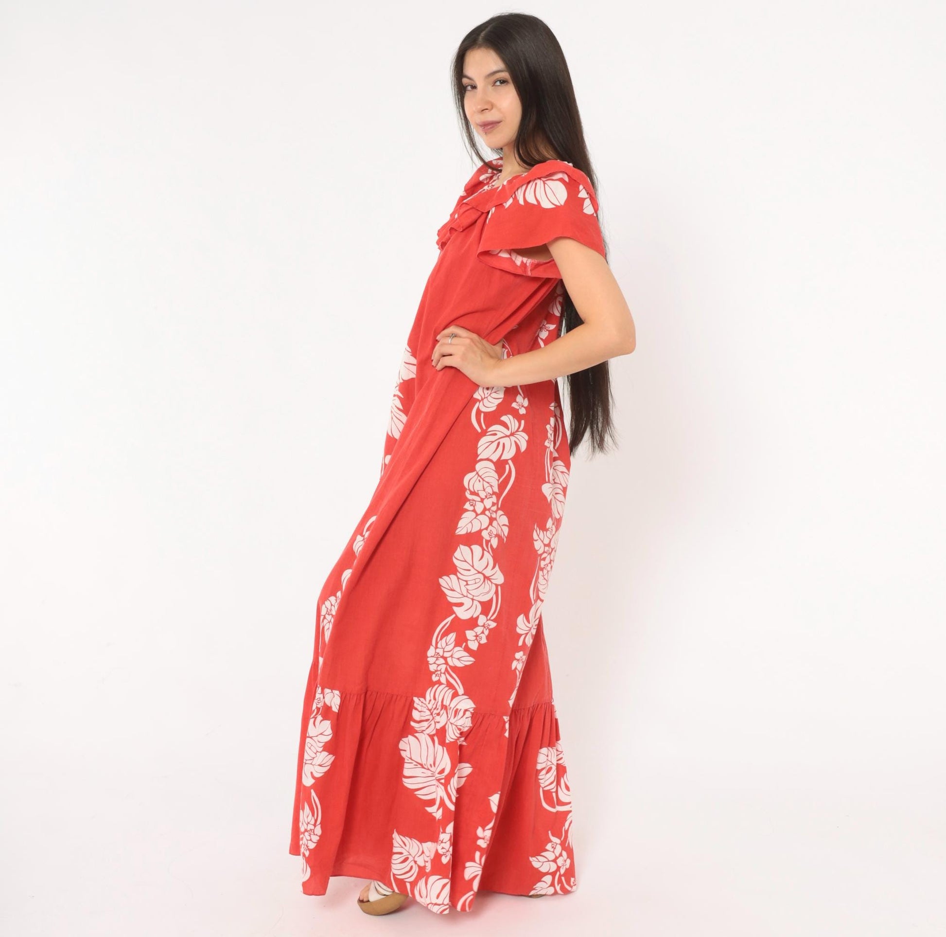 80s Hilo Hattie Hawaiian Muumuu Red Monstera Floral Maxi Dress Large