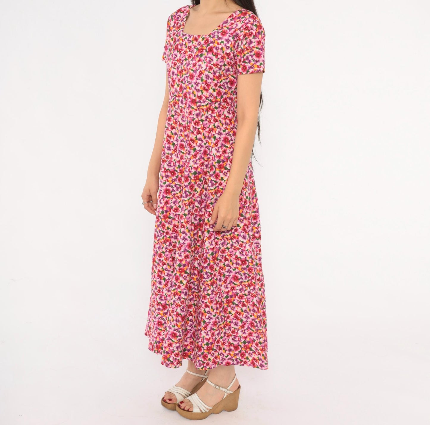 90s Pink Purple Floral Maxi Dress Cotton Scoop Neck A-Line Small