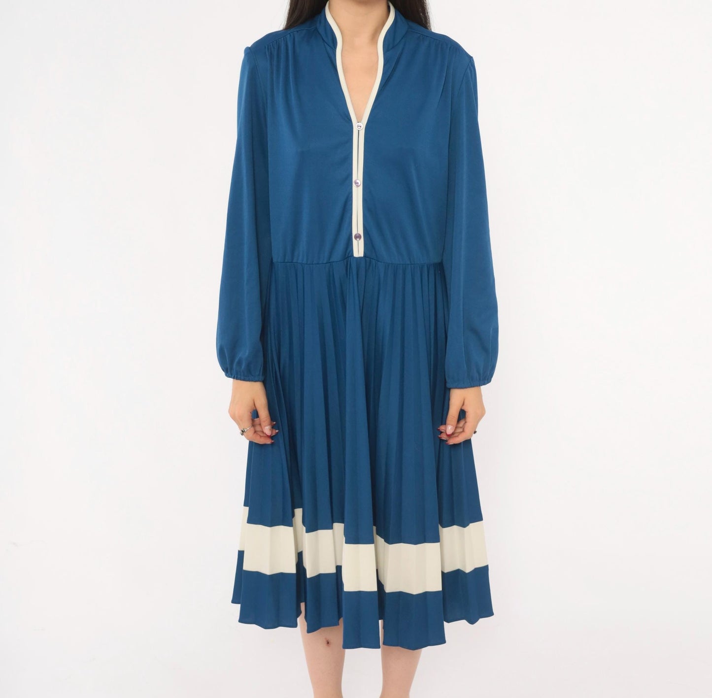 70s Navy Blue Pleated Dress Stand Collar Button Front Balloon Sleeve Large L