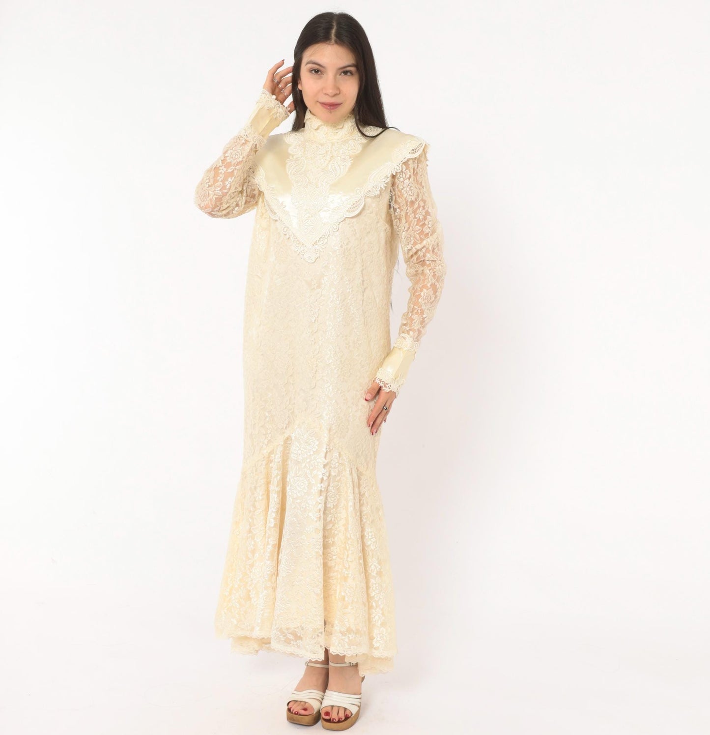 80s Jessica Mclintock Cream Lace Mermaid Wedding Dress High Neck Satin Bib Medium M