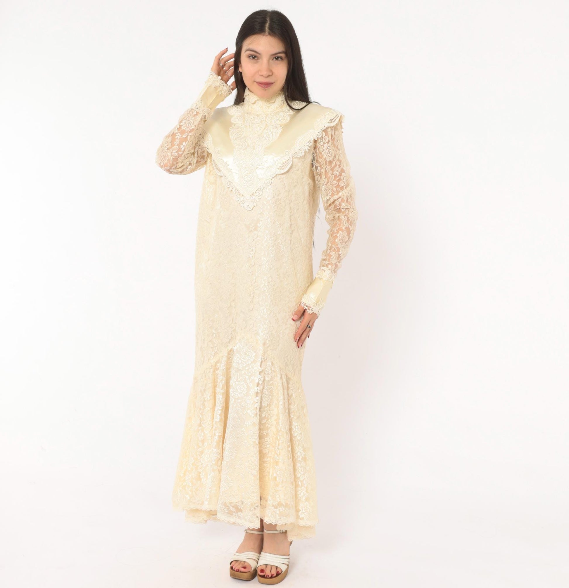 80s Jessica Mclintock Cream Lace Mermaid Wedding Dress High Neck Satin Bib Medium M