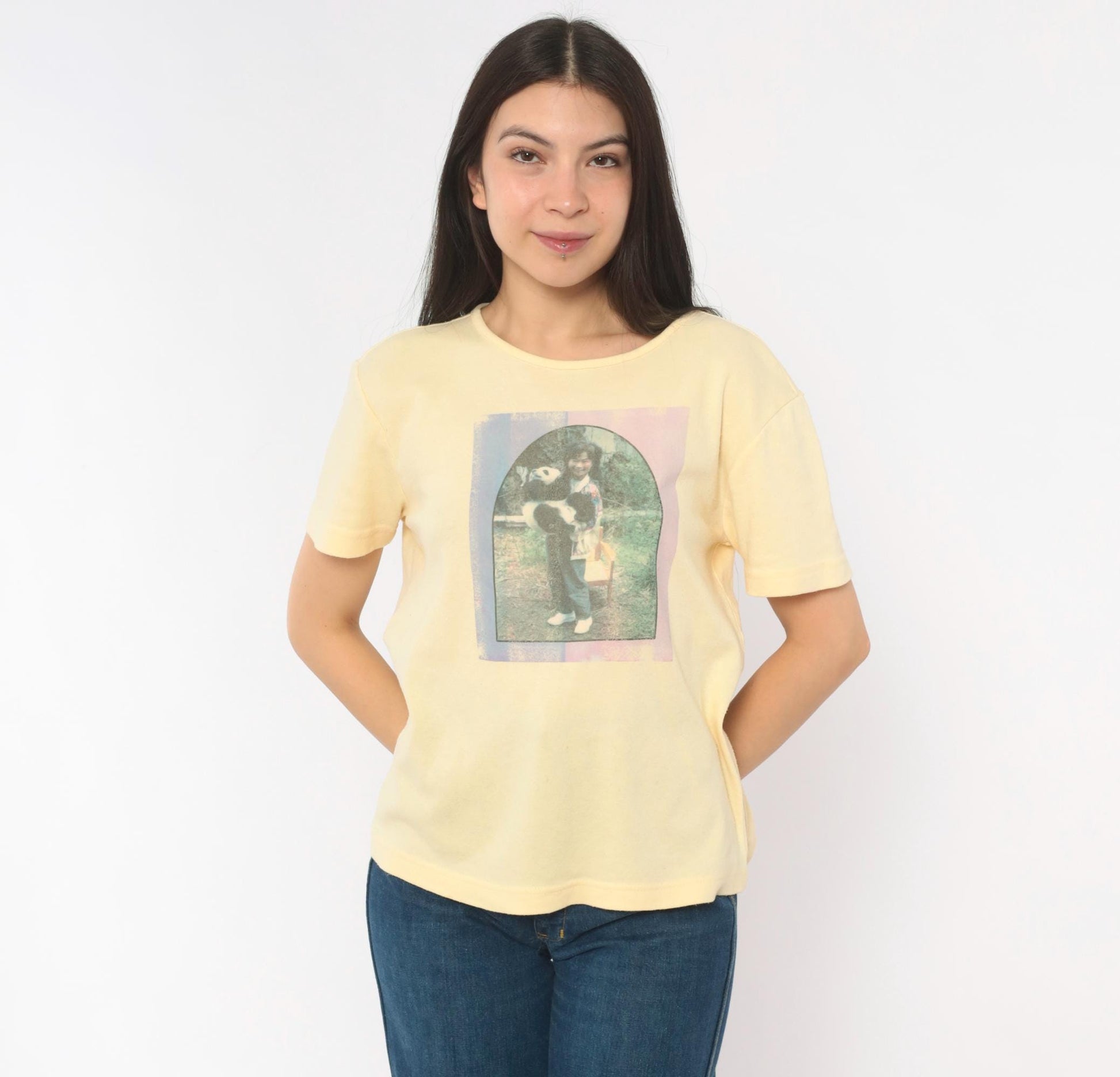 90s Basic Editions Panda Photo Print Tee Butter Yellow Heart Graphic Small